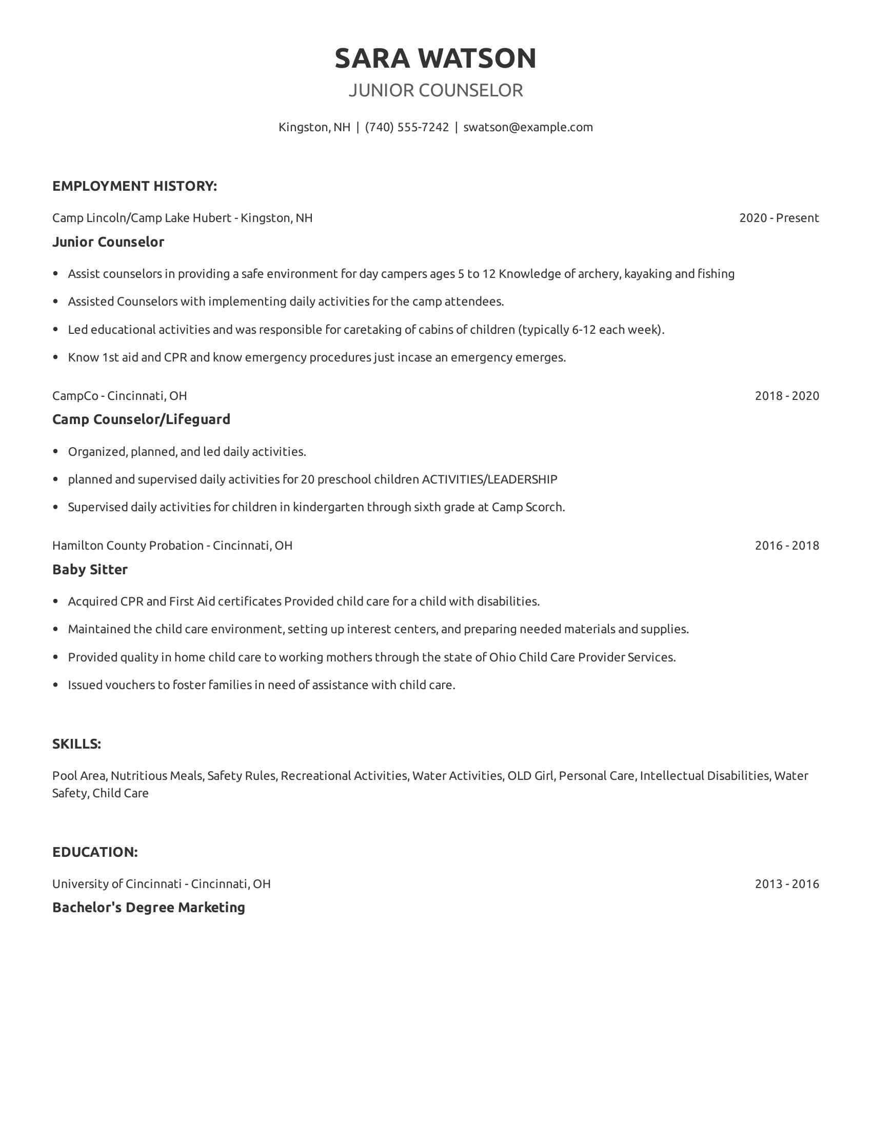 Junior Counselor resume example