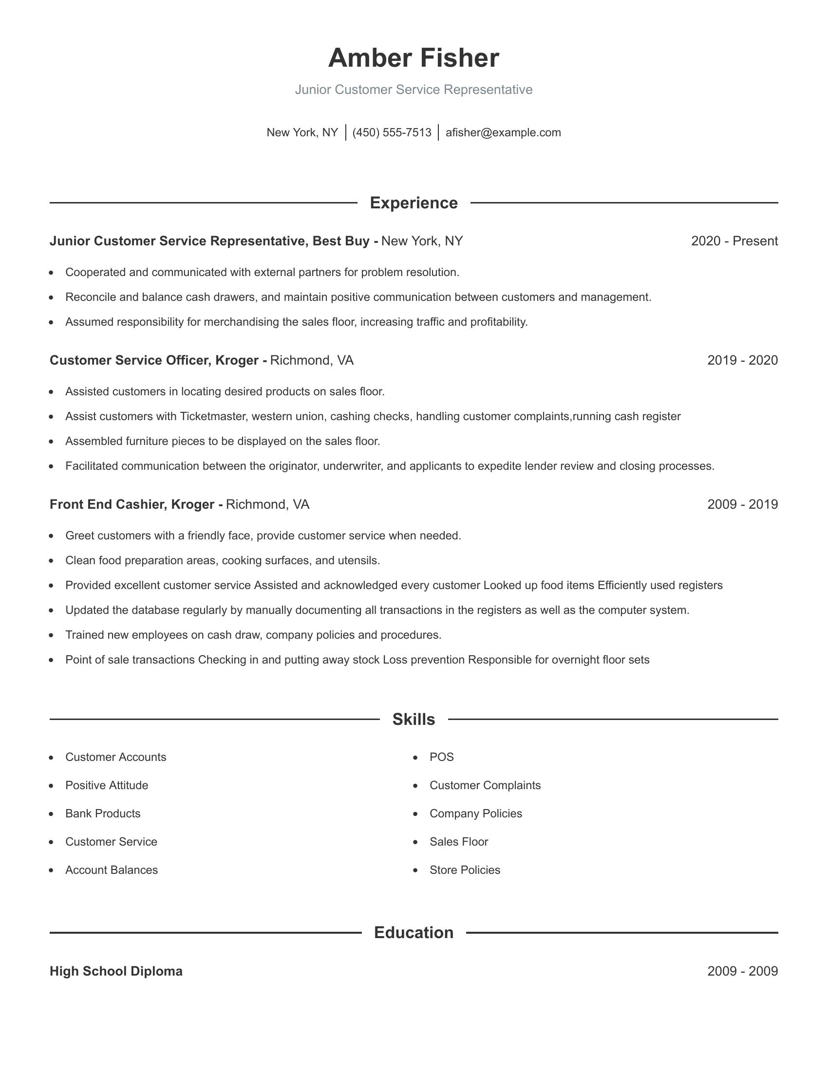 Junior Customer Service Representative resume example