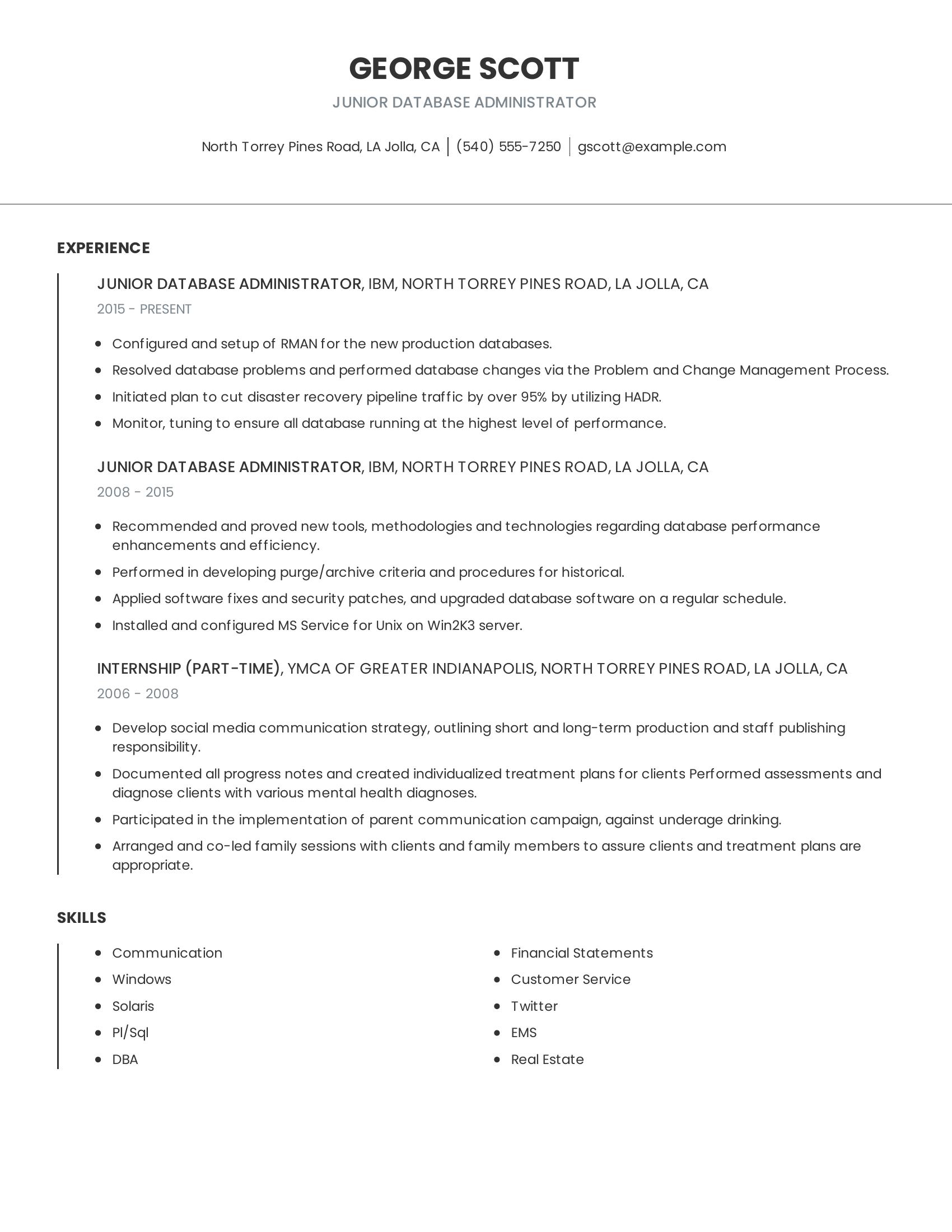 Junior Database Administrator resume example