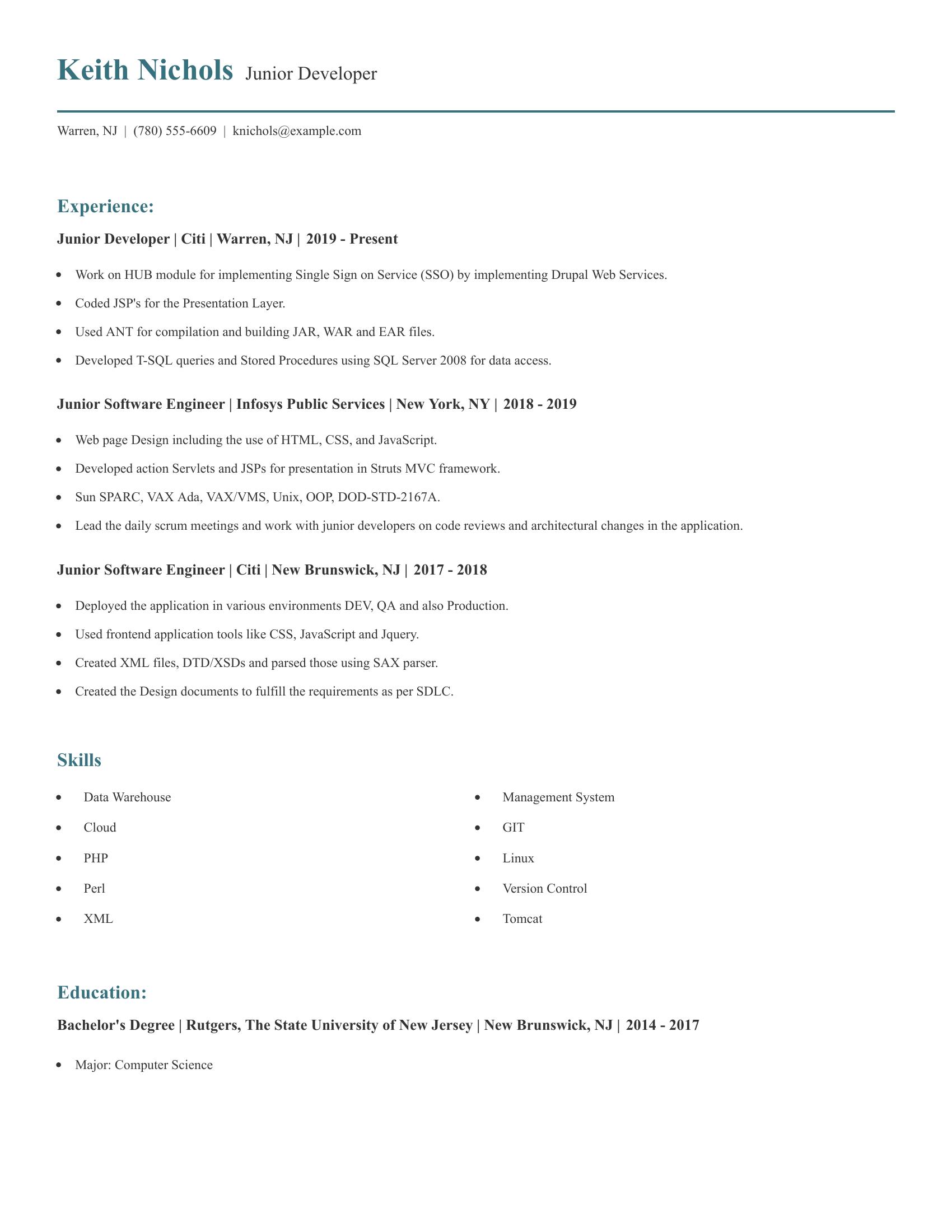 Junior Developer resume example