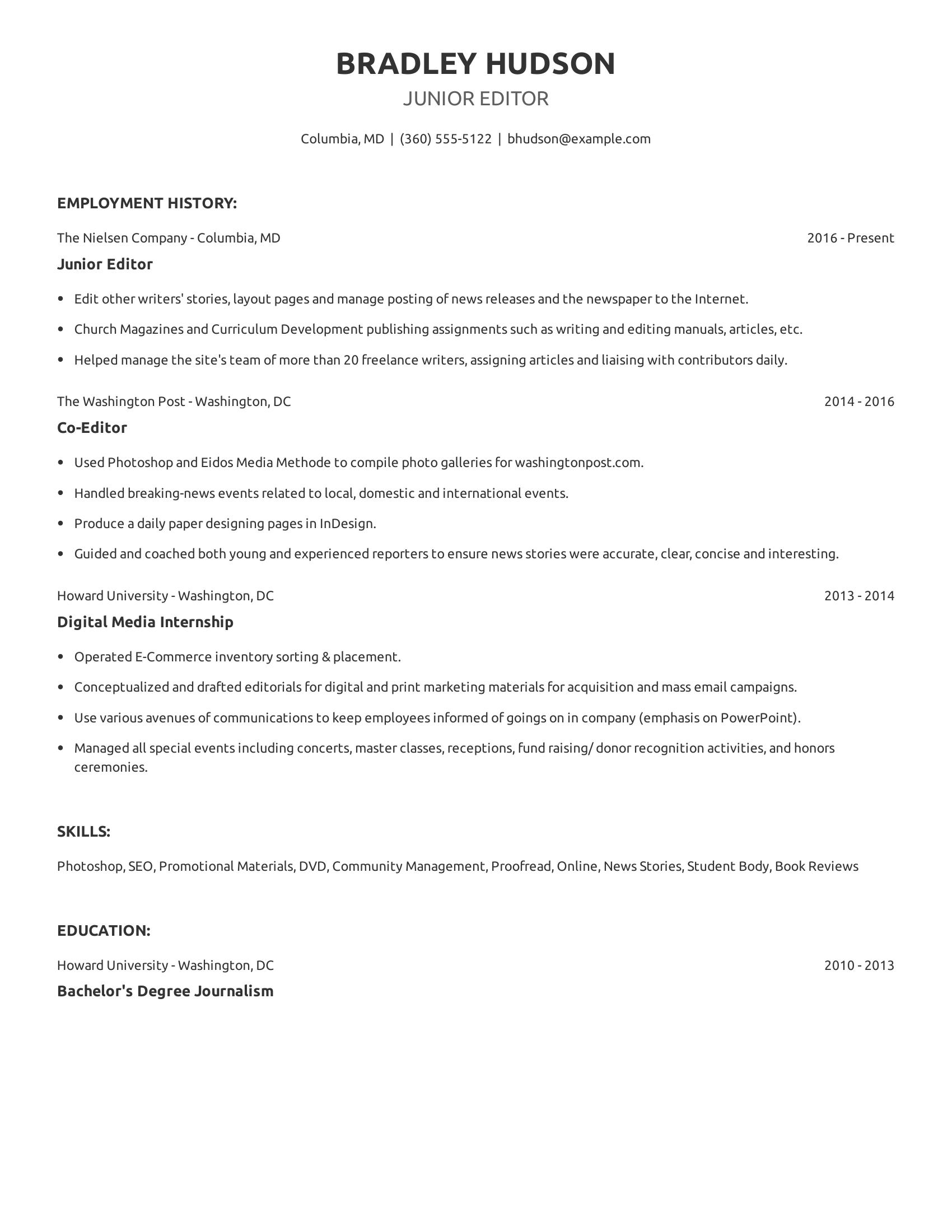 Junior Editor resume example