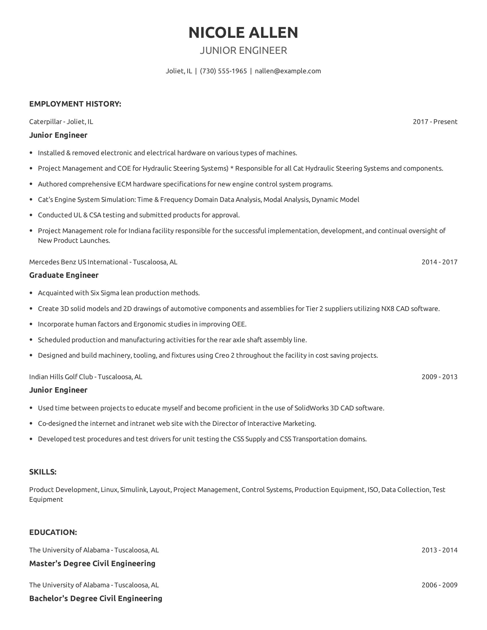 Junior Engineer resume example