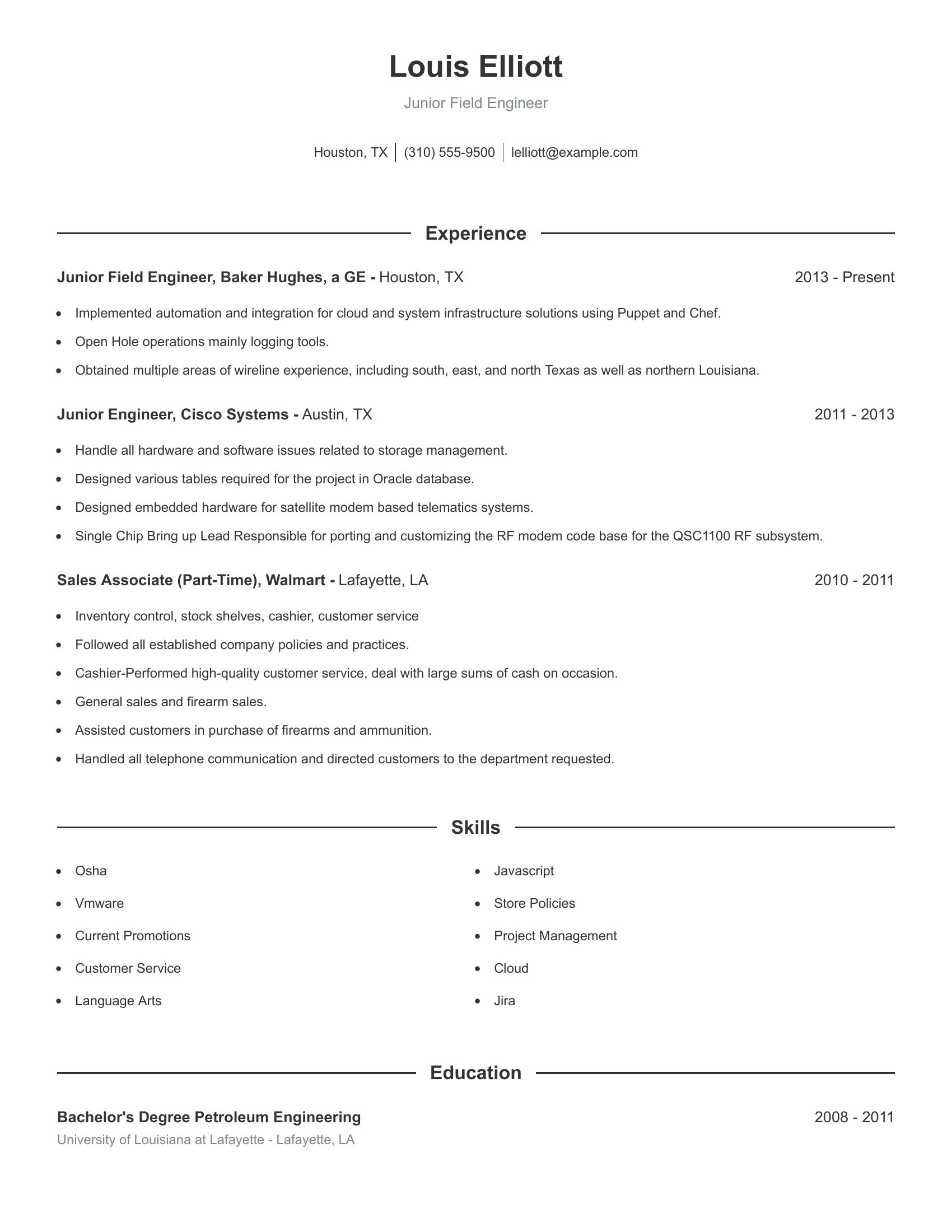 Junior Field Engineer resume example