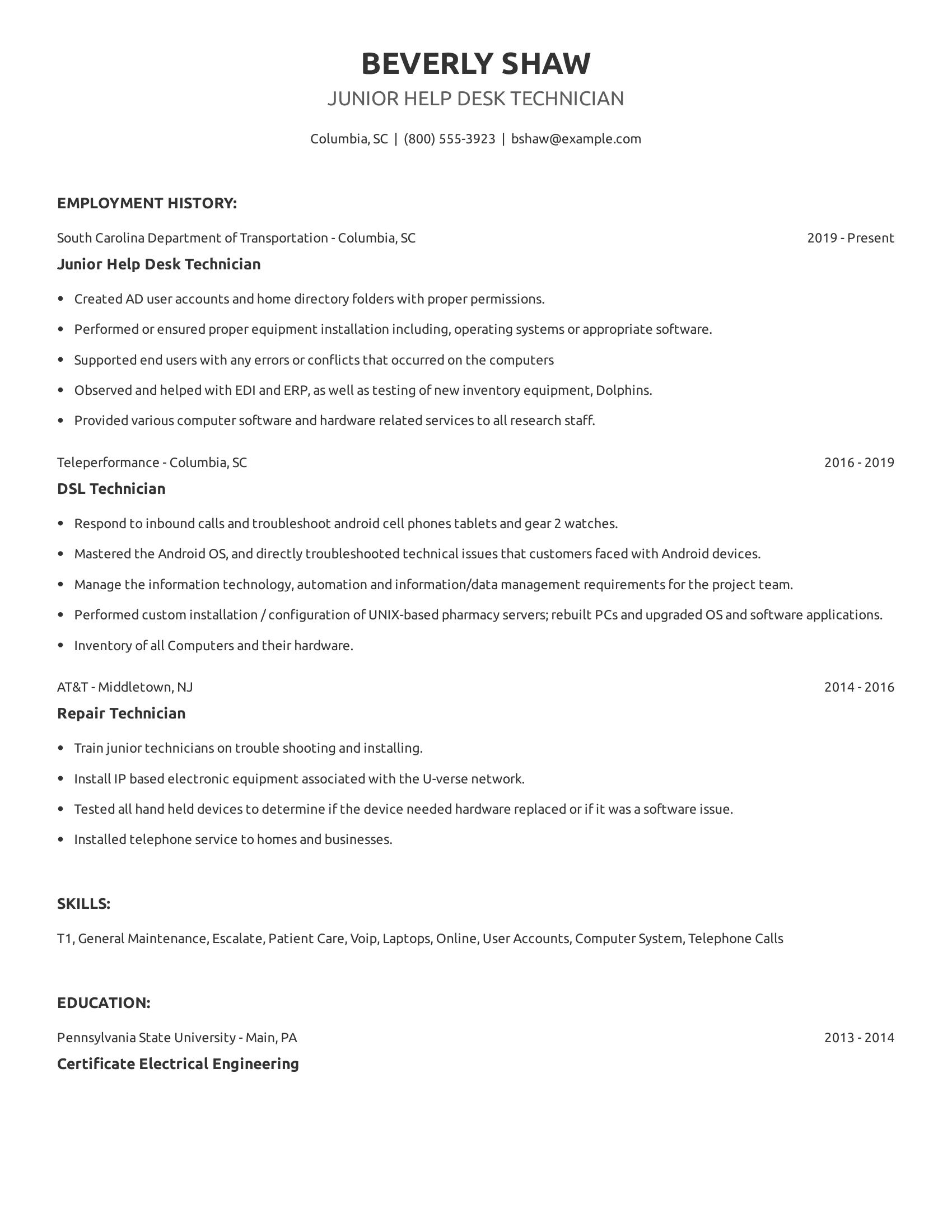 Junior Help Desk Technician resume example