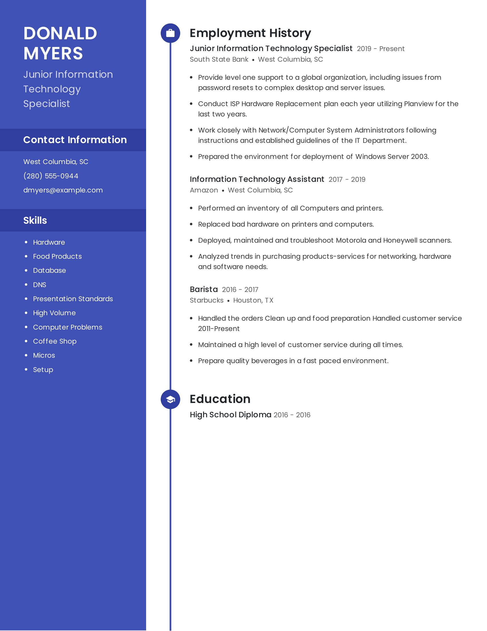 Junior Information Technology Specialist resume example