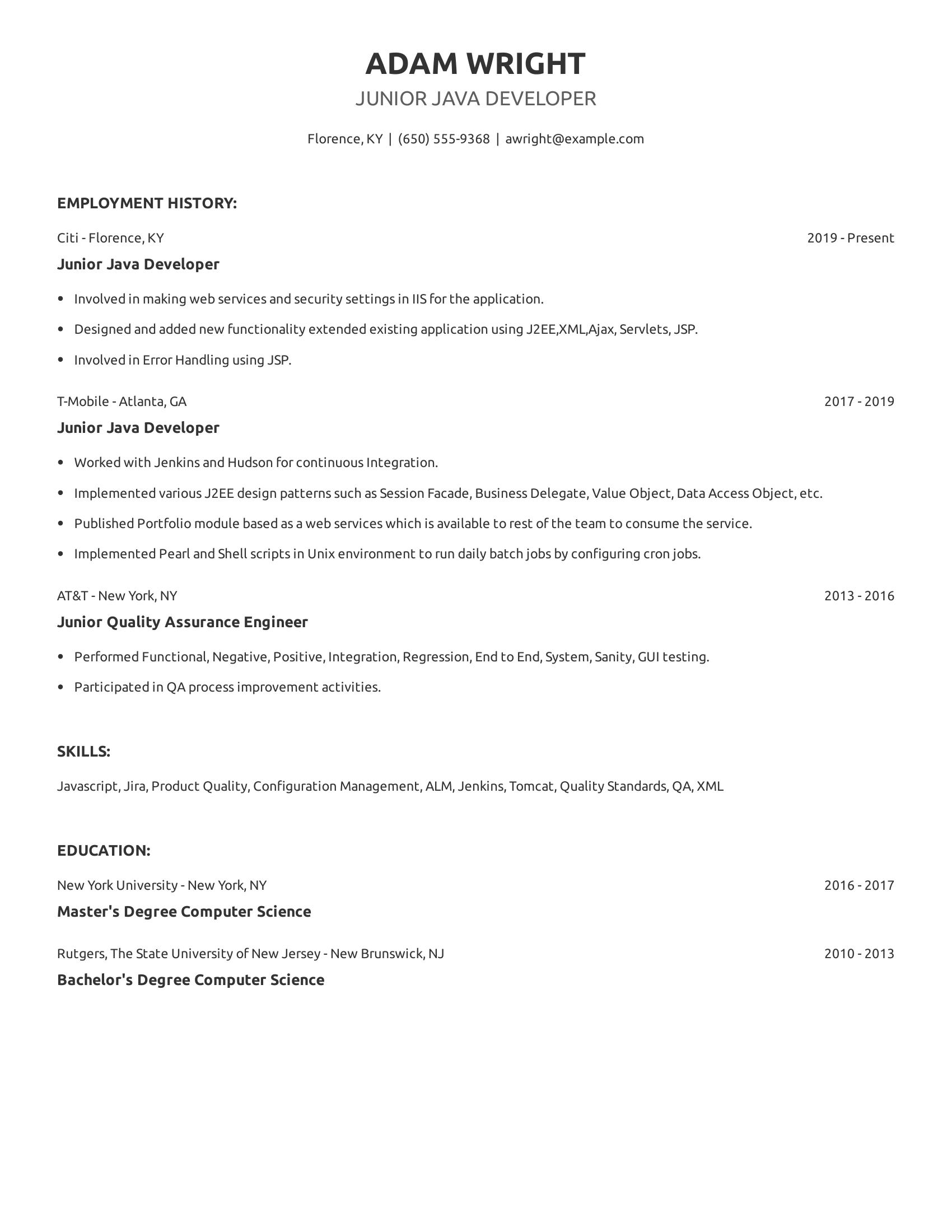 Junior Java Developer resume example