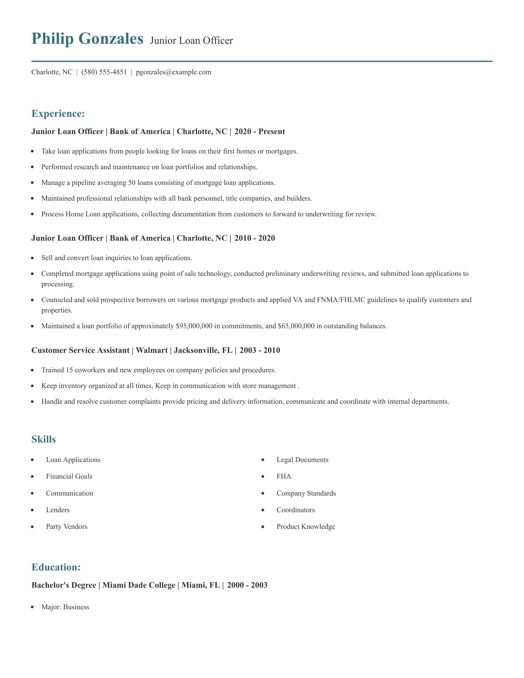 Junior Loan Officer resume example