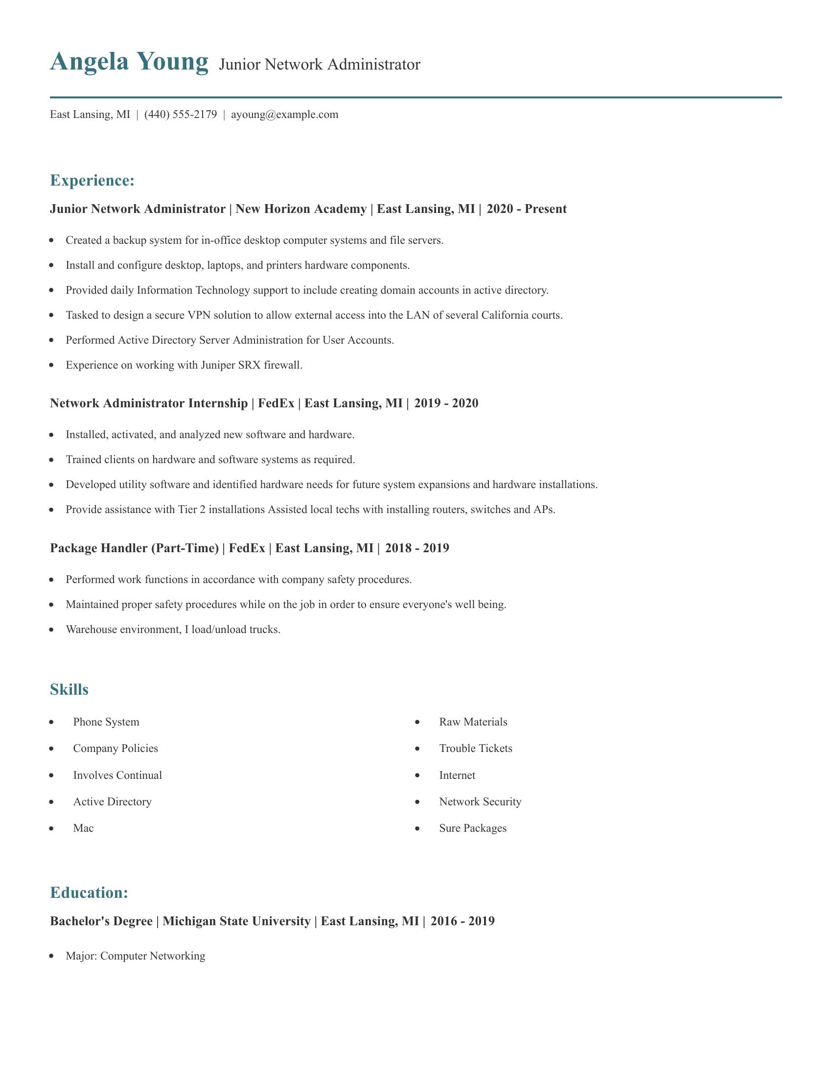 Junior Network Administrator resume example