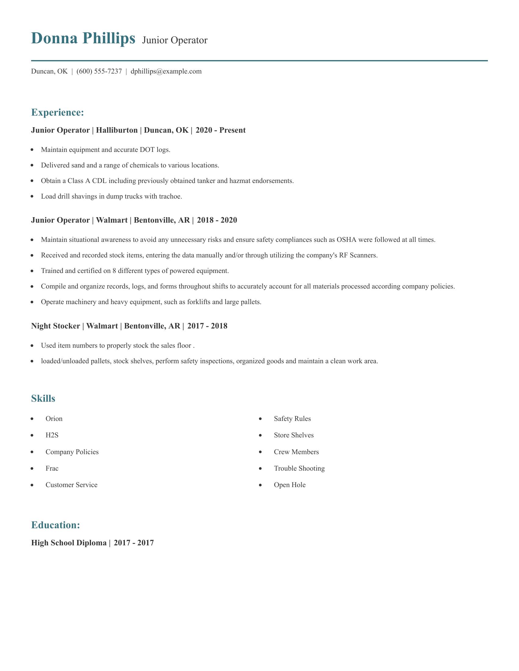 Junior Operator resume example