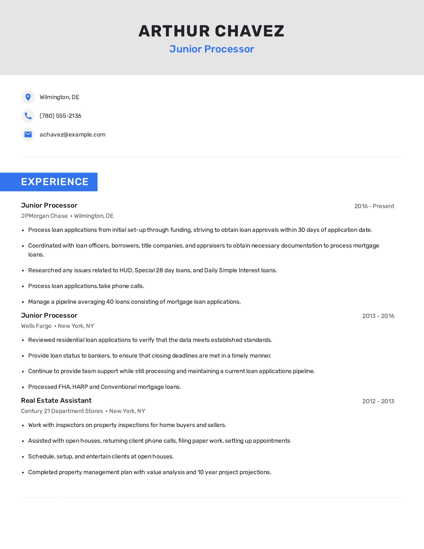 Junior Processor resume example