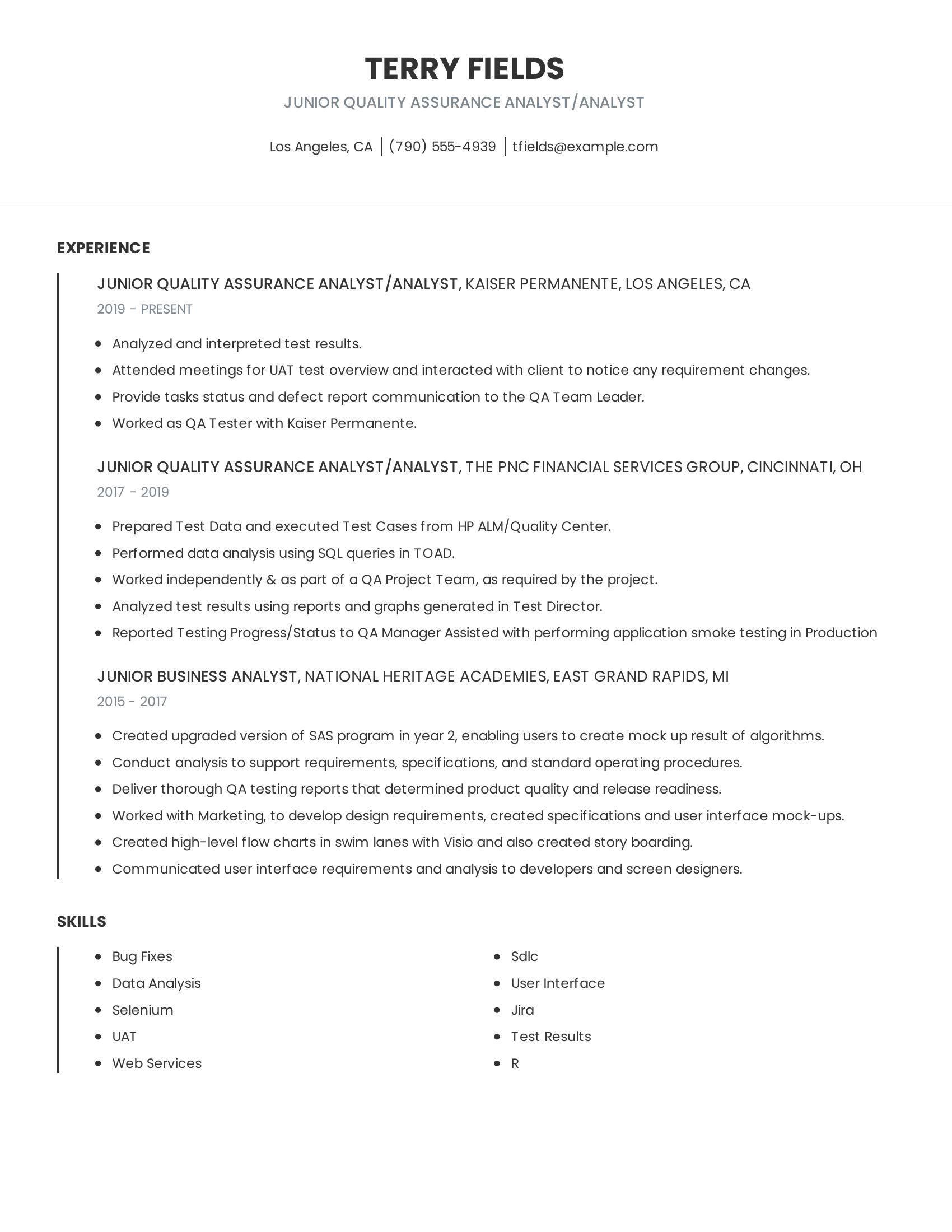 Junior Quality Assurance Analyst/Analyst resume example