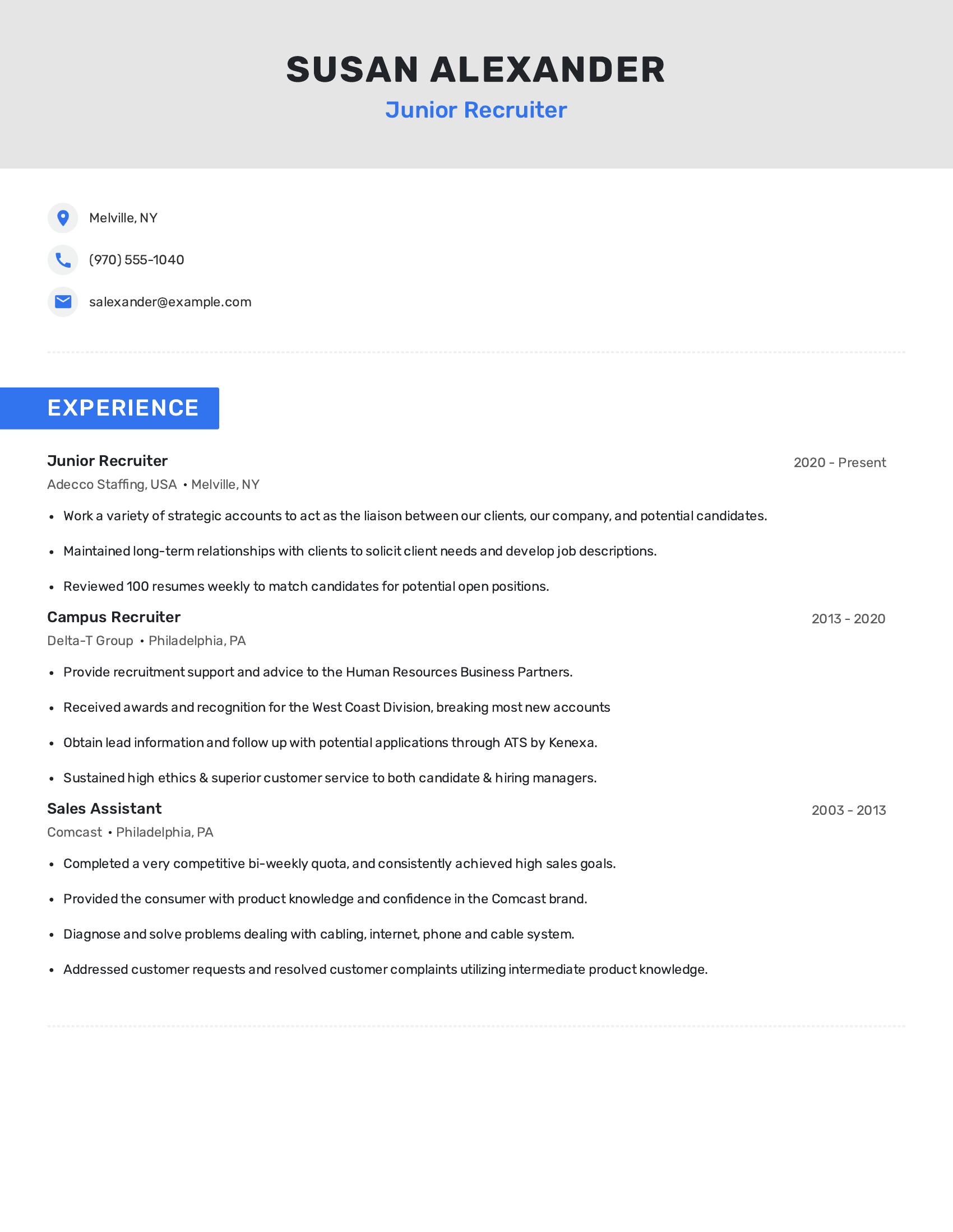 Junior Recruiter resume example