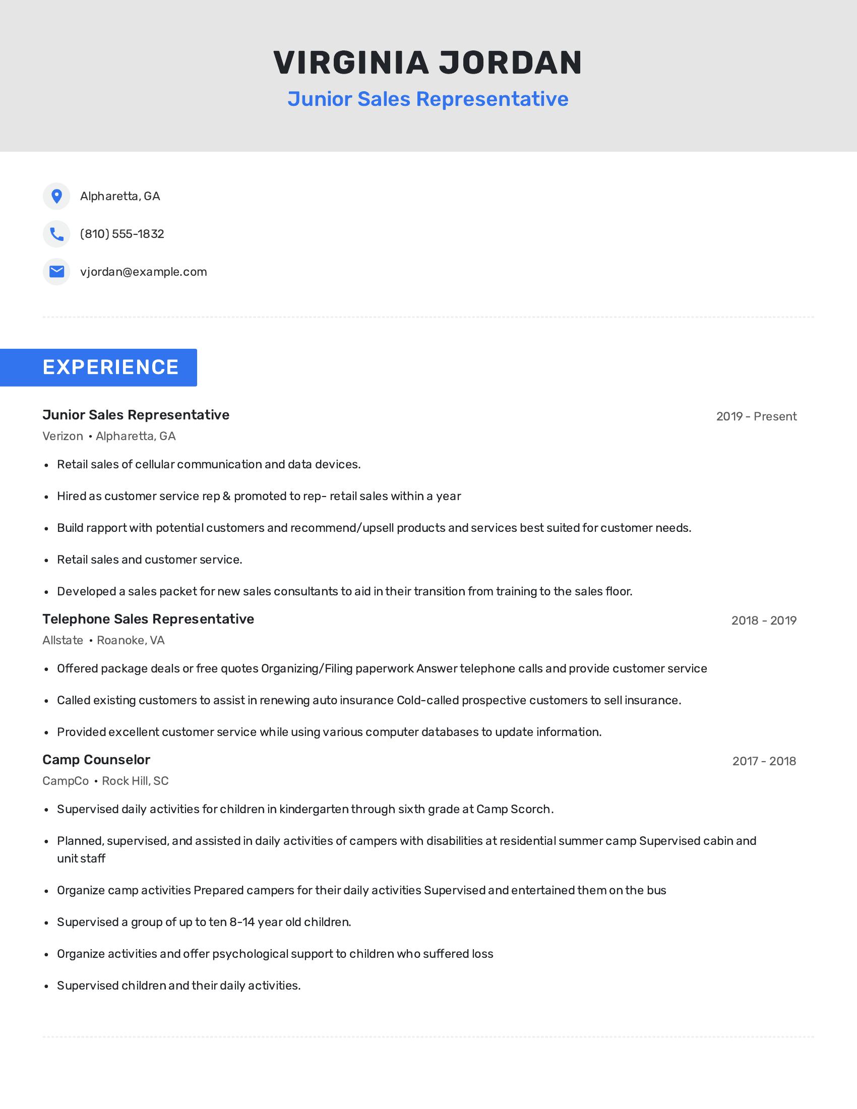 Junior Sales Representative resume example