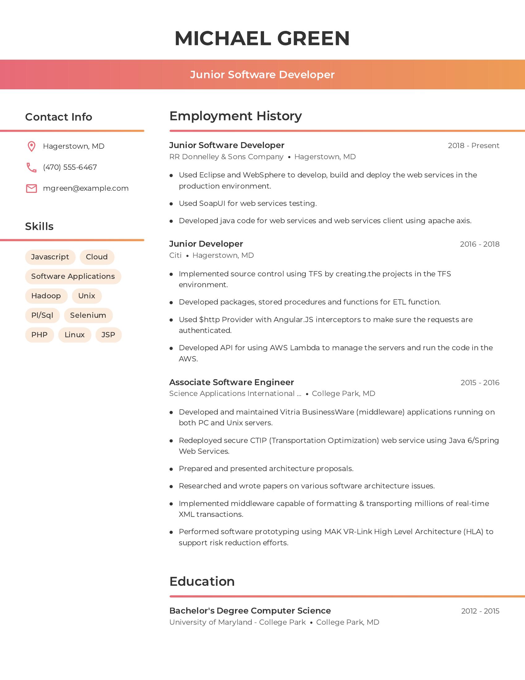Junior Software Developer resume example