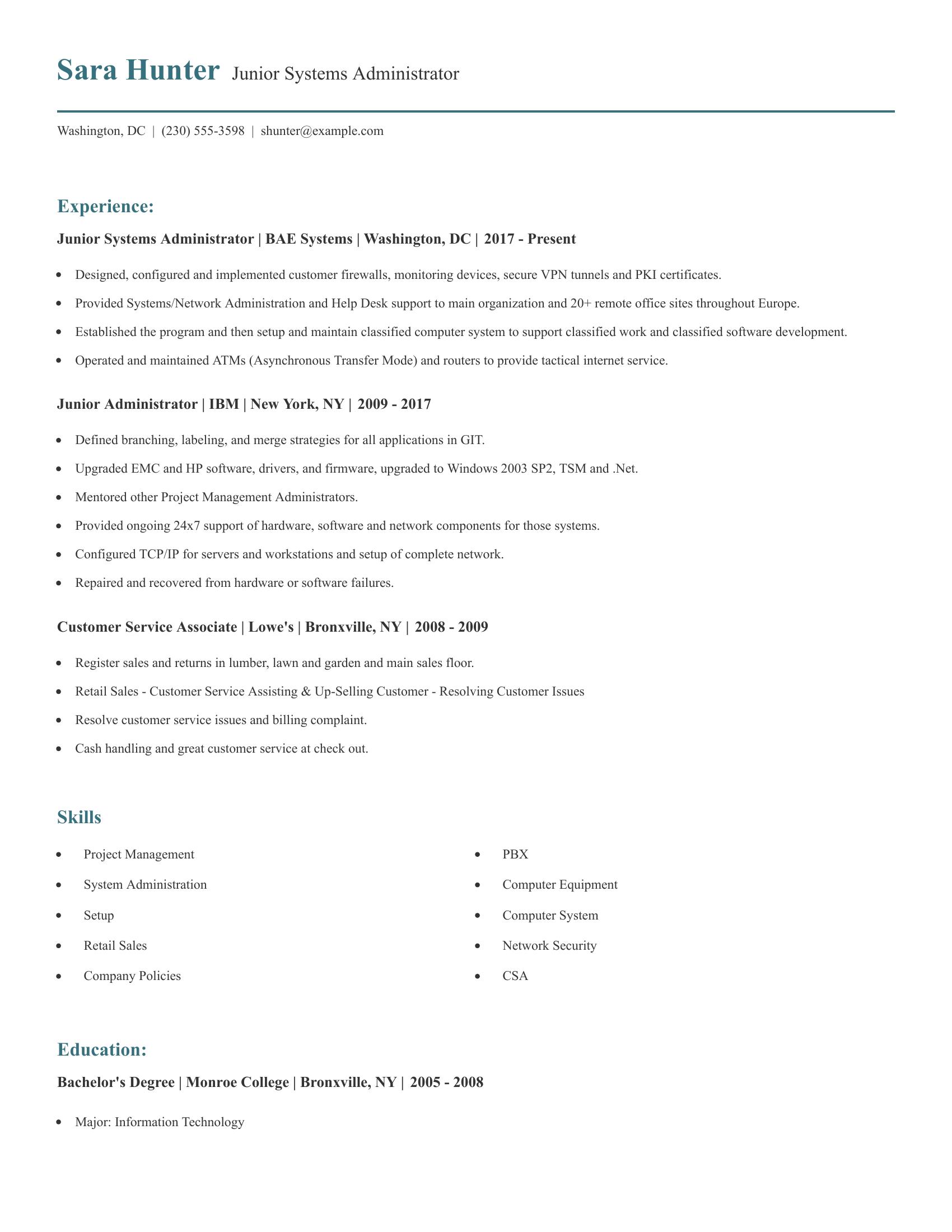 Junior Systems Administrator resume example