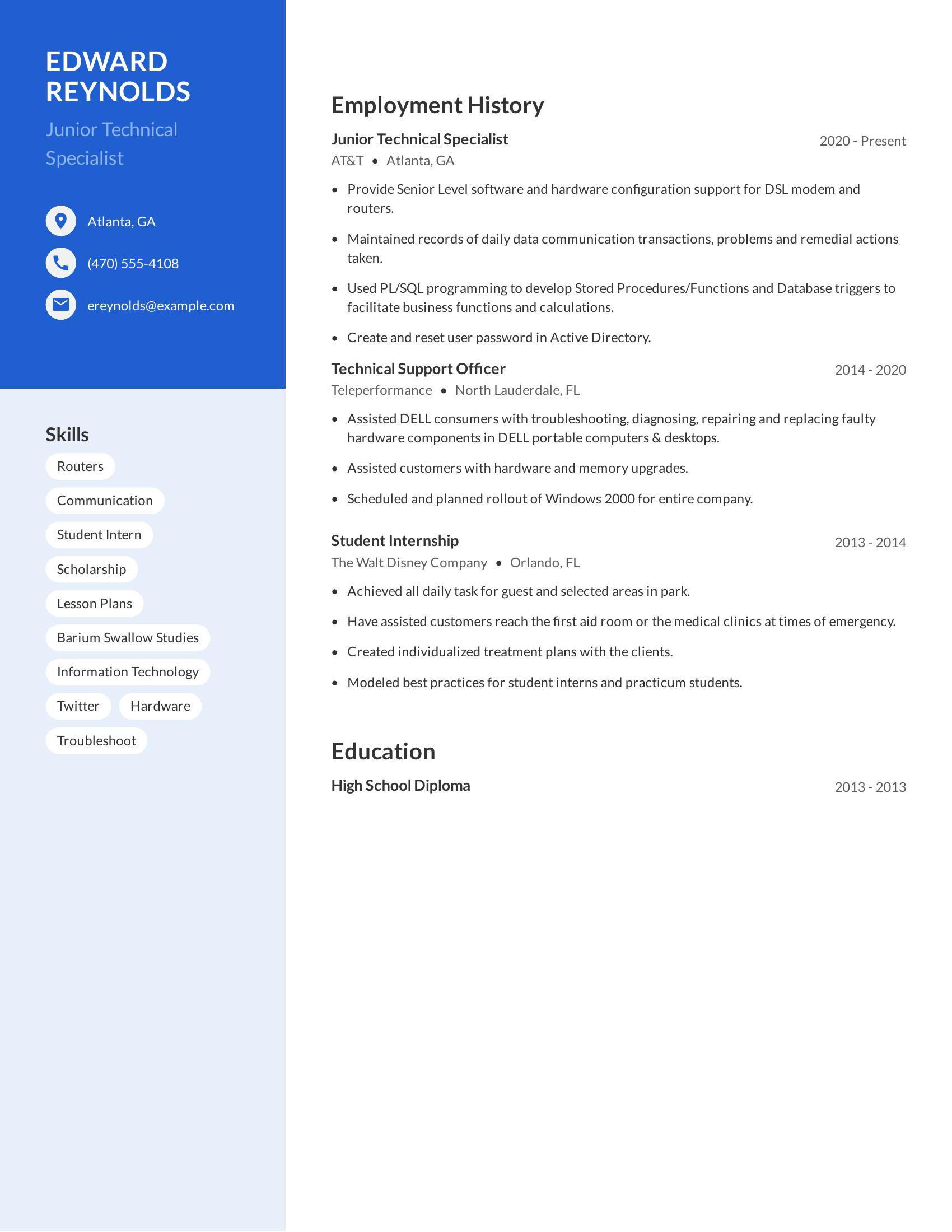 Junior Technical Specialist resume example