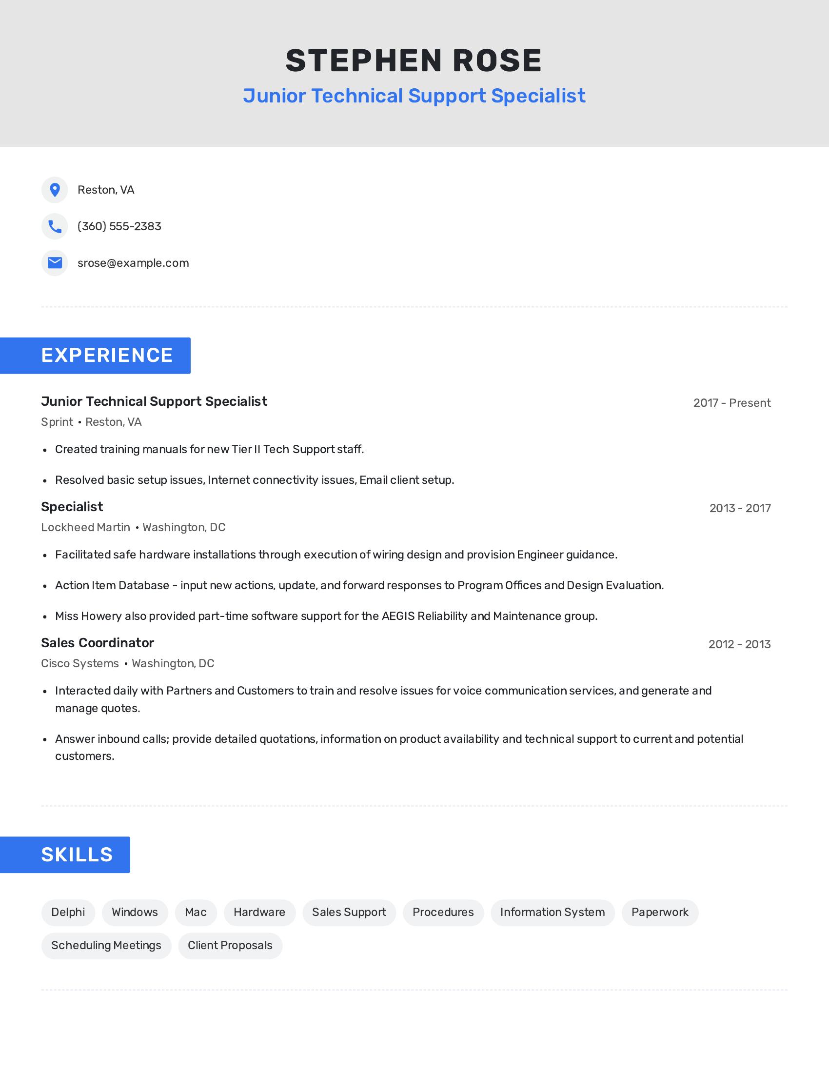 Junior Technical Support Specialist resume example