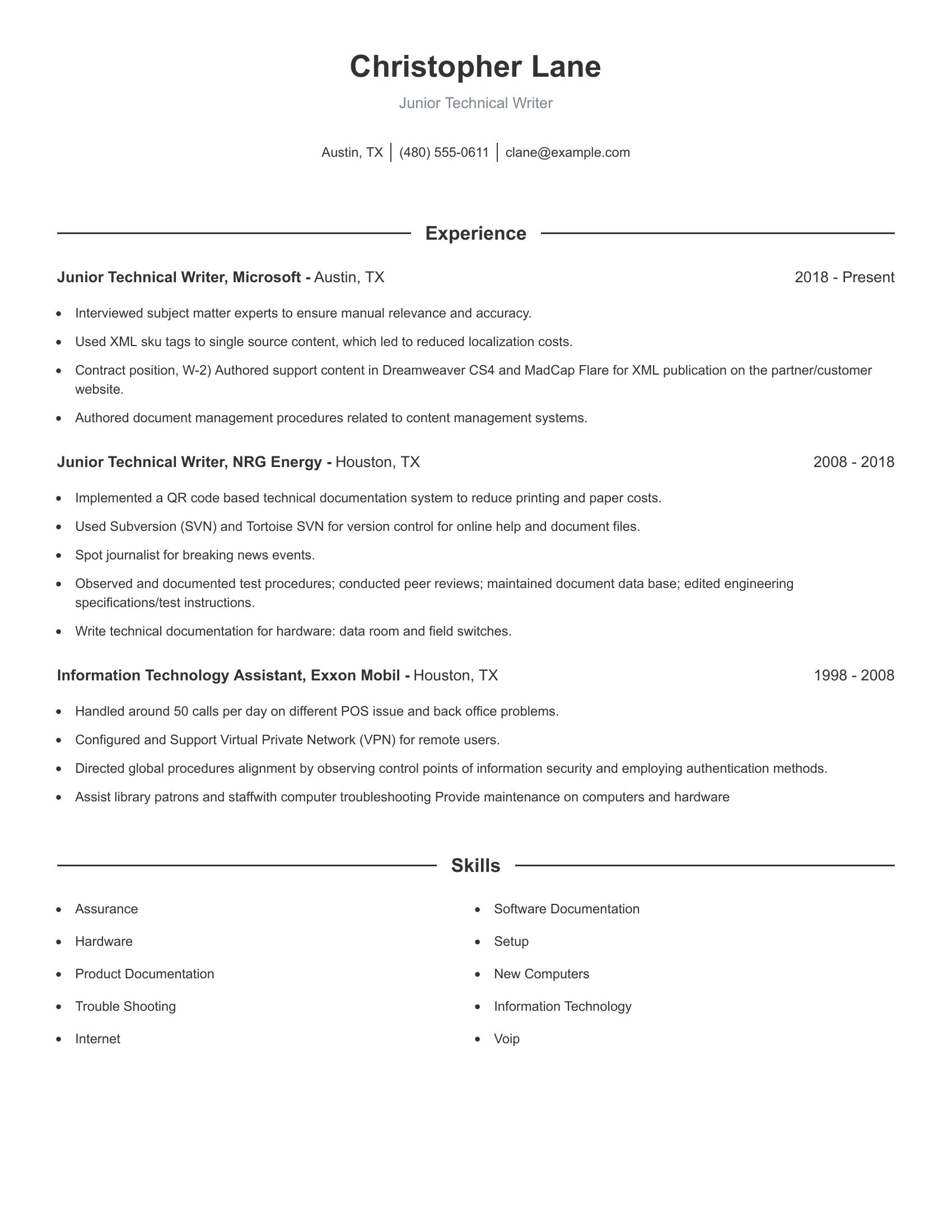 Junior Technical Writer resume example