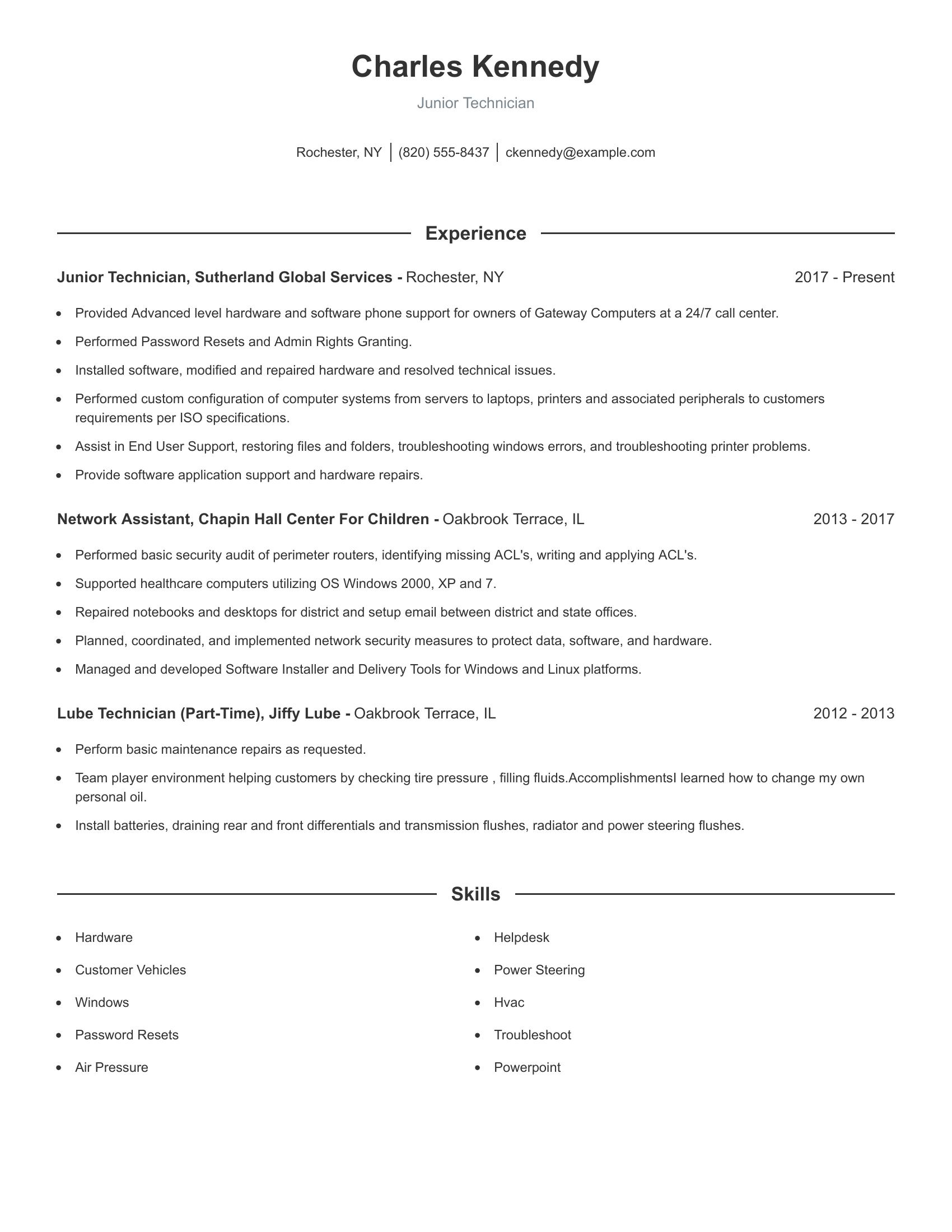 Junior Technician resume example