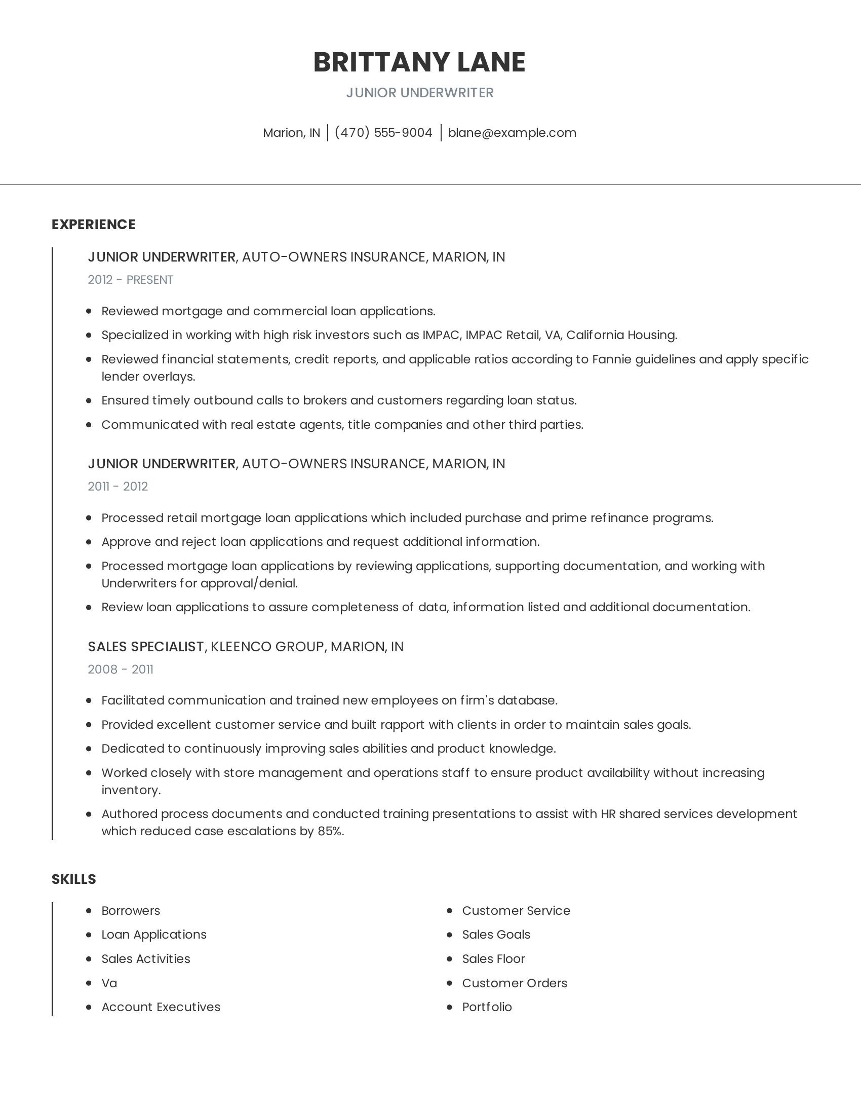 Junior Underwriter resume example