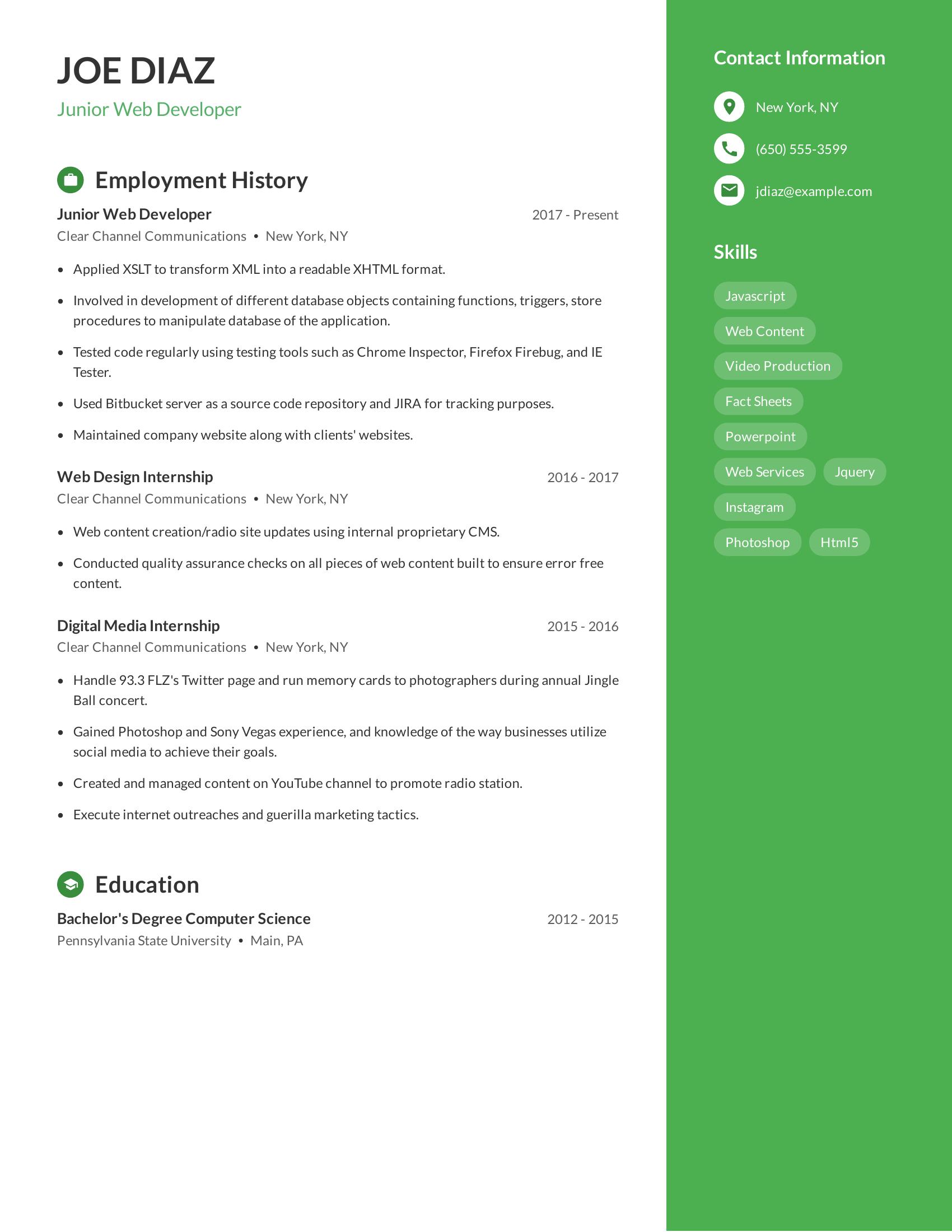 Junior Web Developer resume example