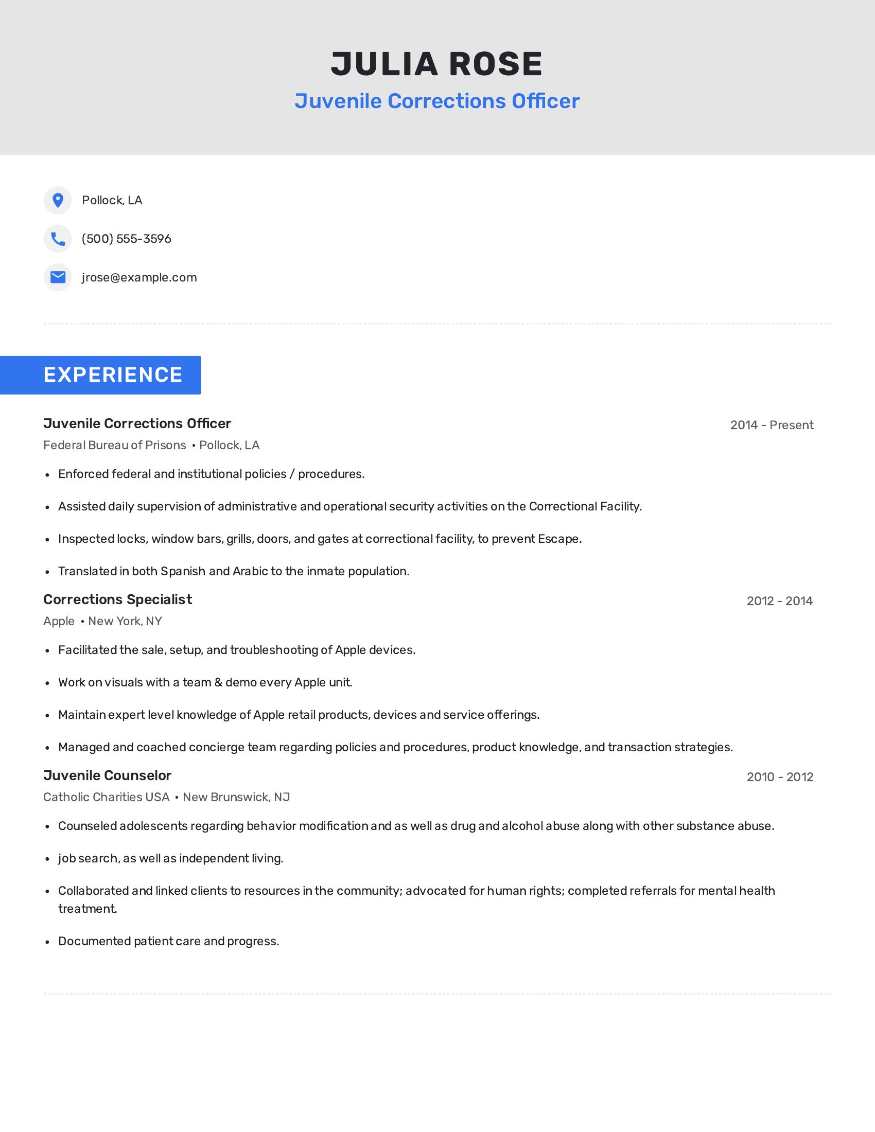 Juvenile Corrections Officer resume example