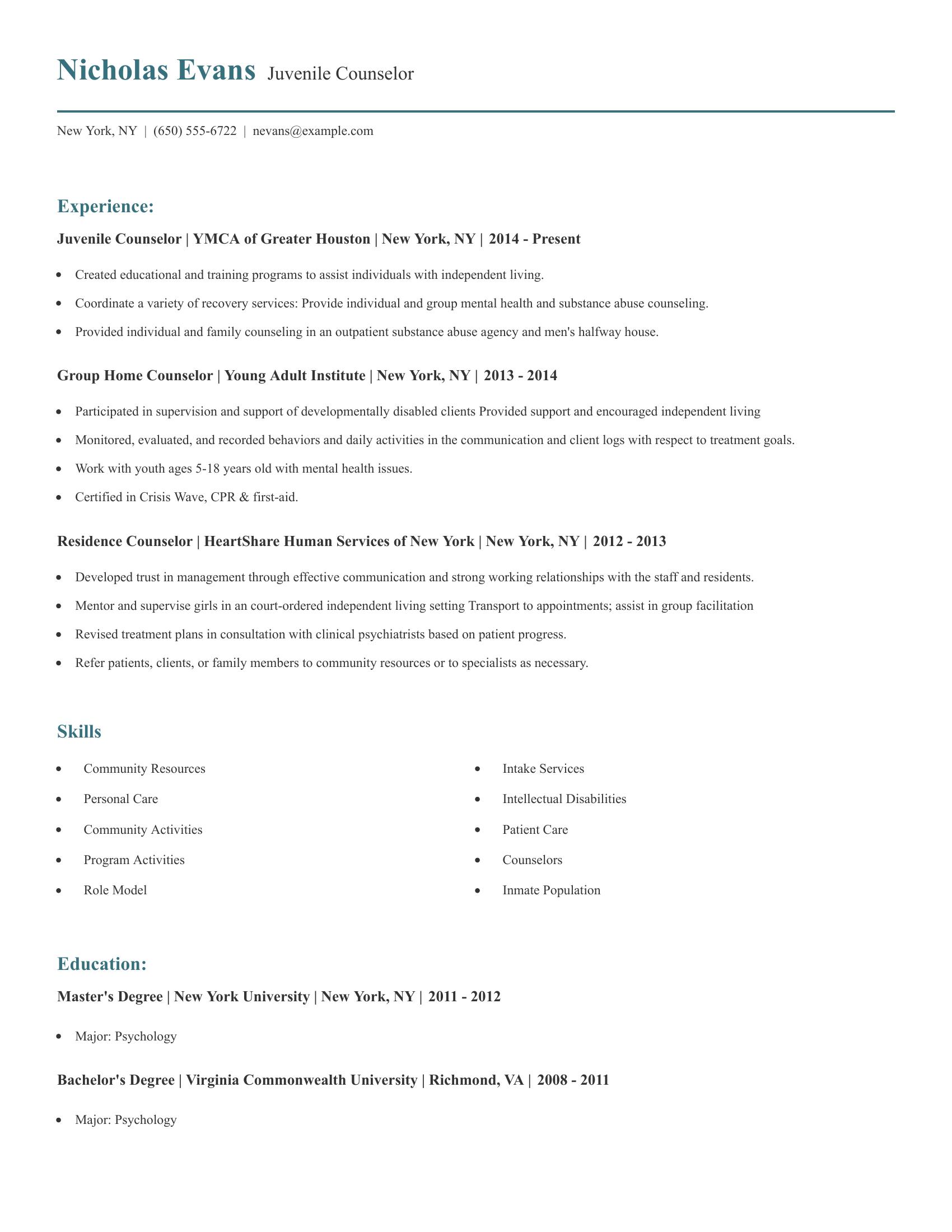 Juvenile Counselor resume example