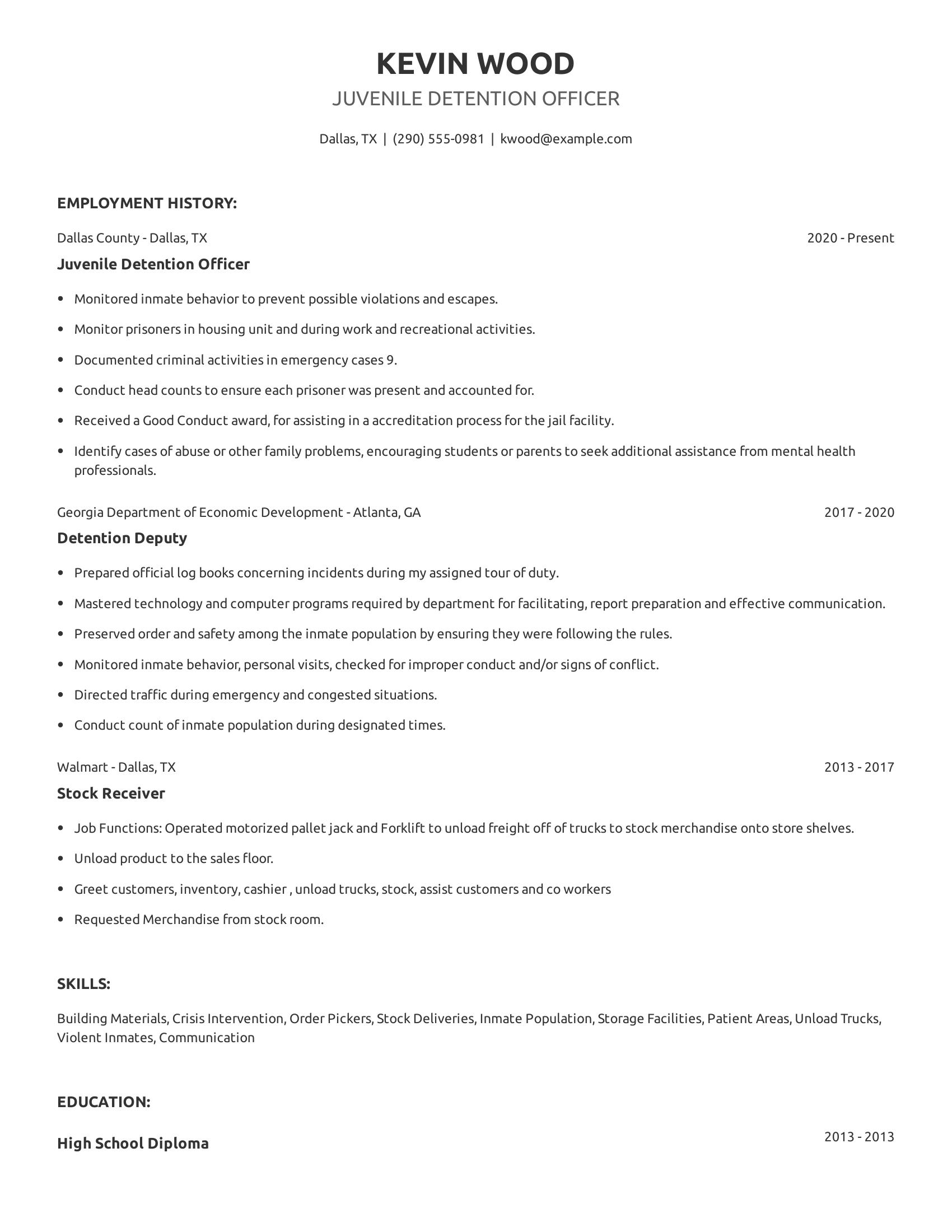 Juvenile Detention Officer resume example