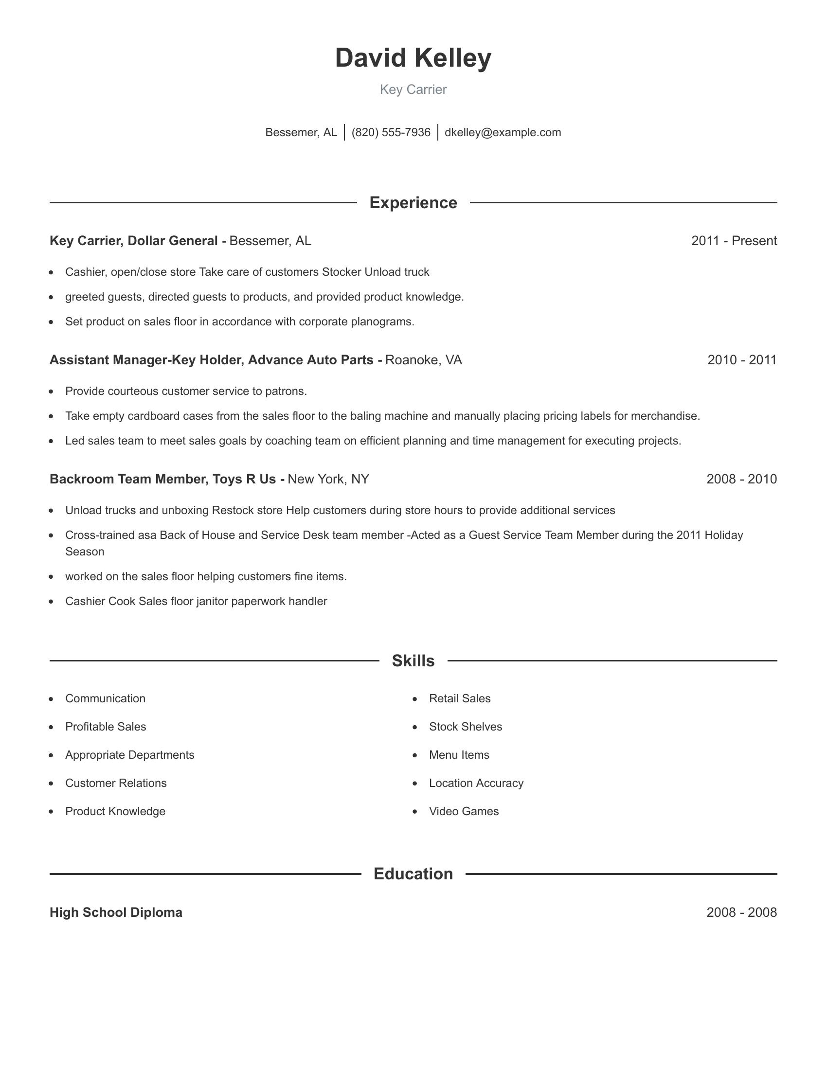 Key Carrier resume example