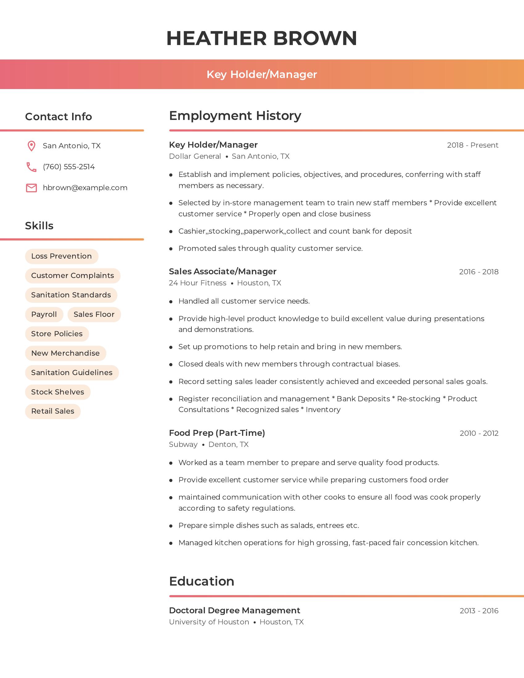 Key Holder/Manager resume example