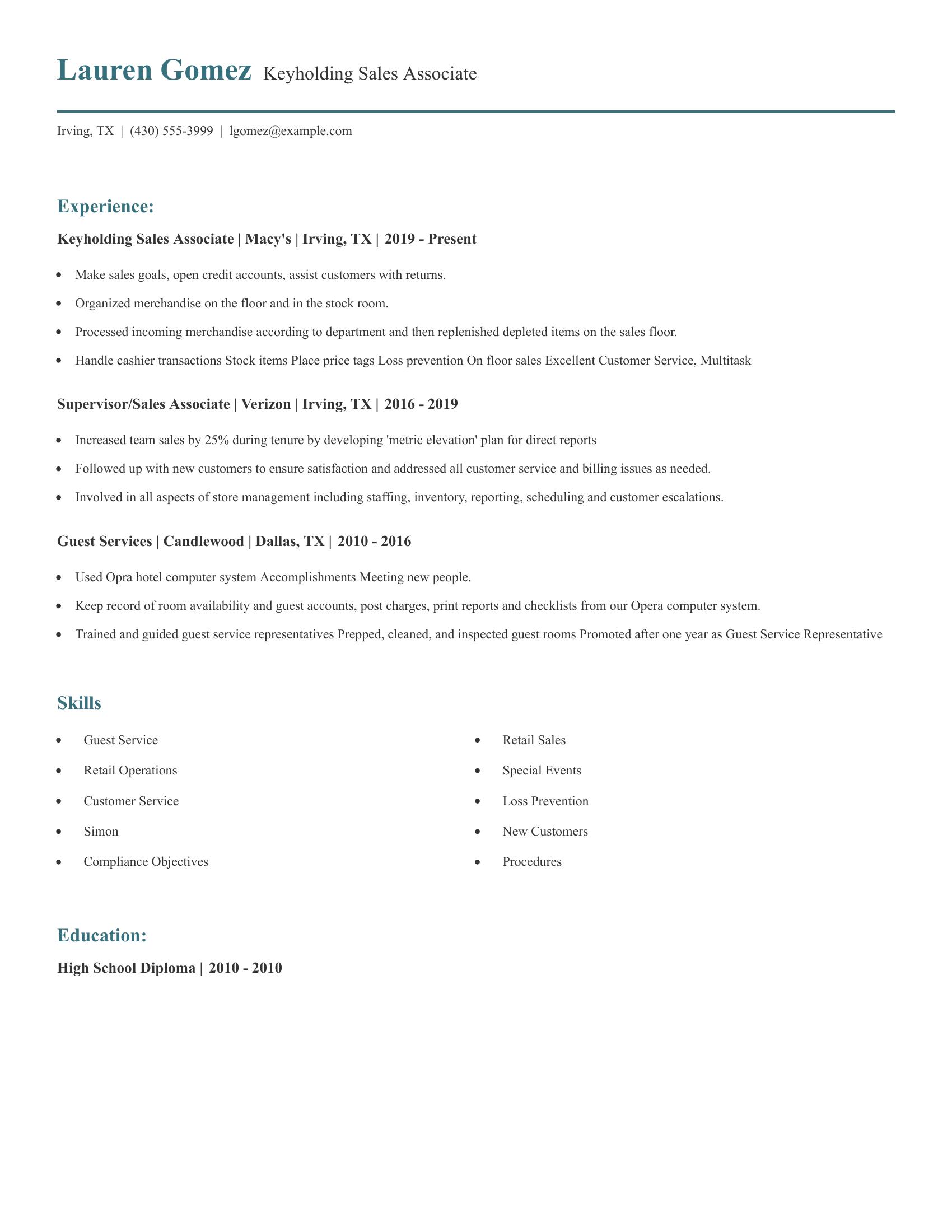 Keyholding Sales Associate resume example