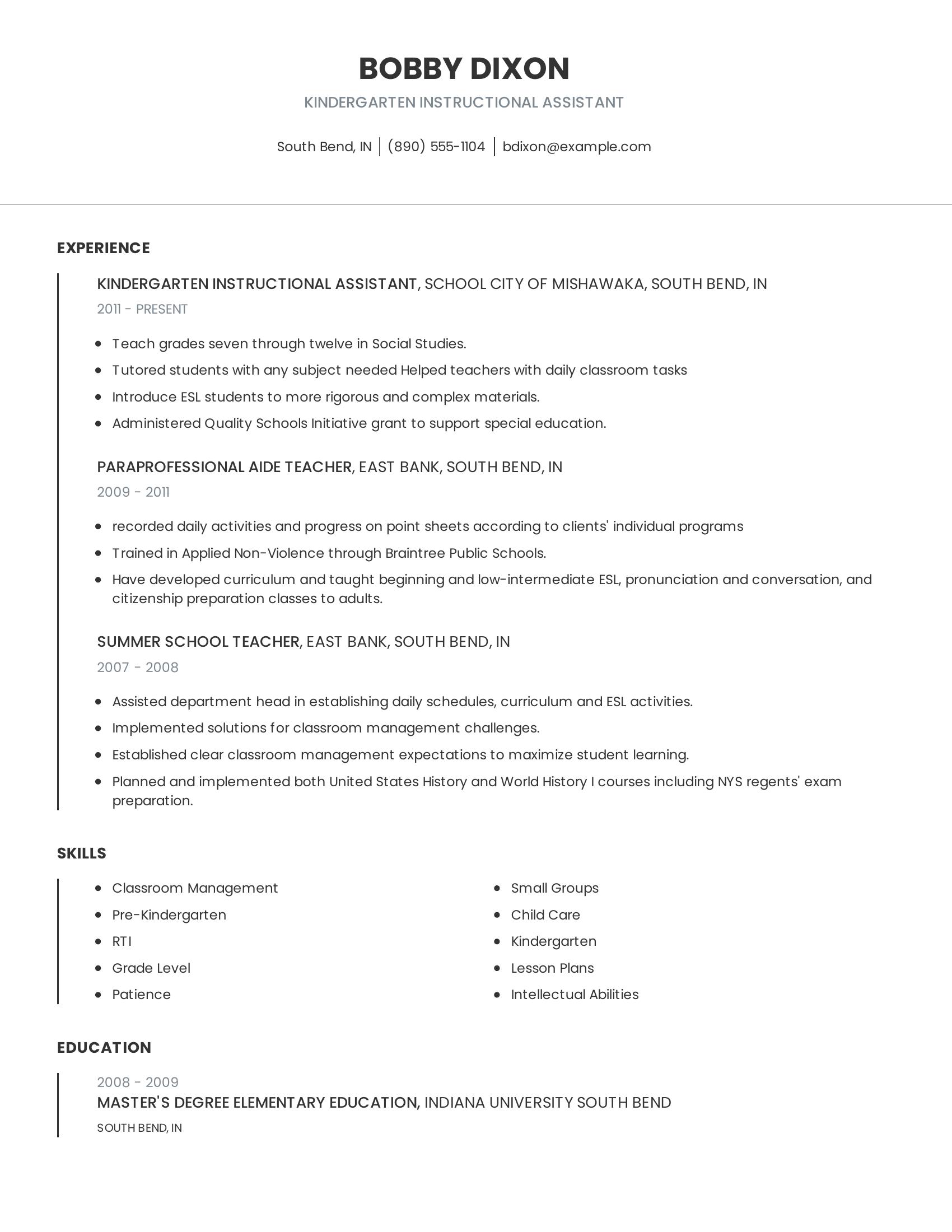 Kindergarten Instructional Assistant resume example