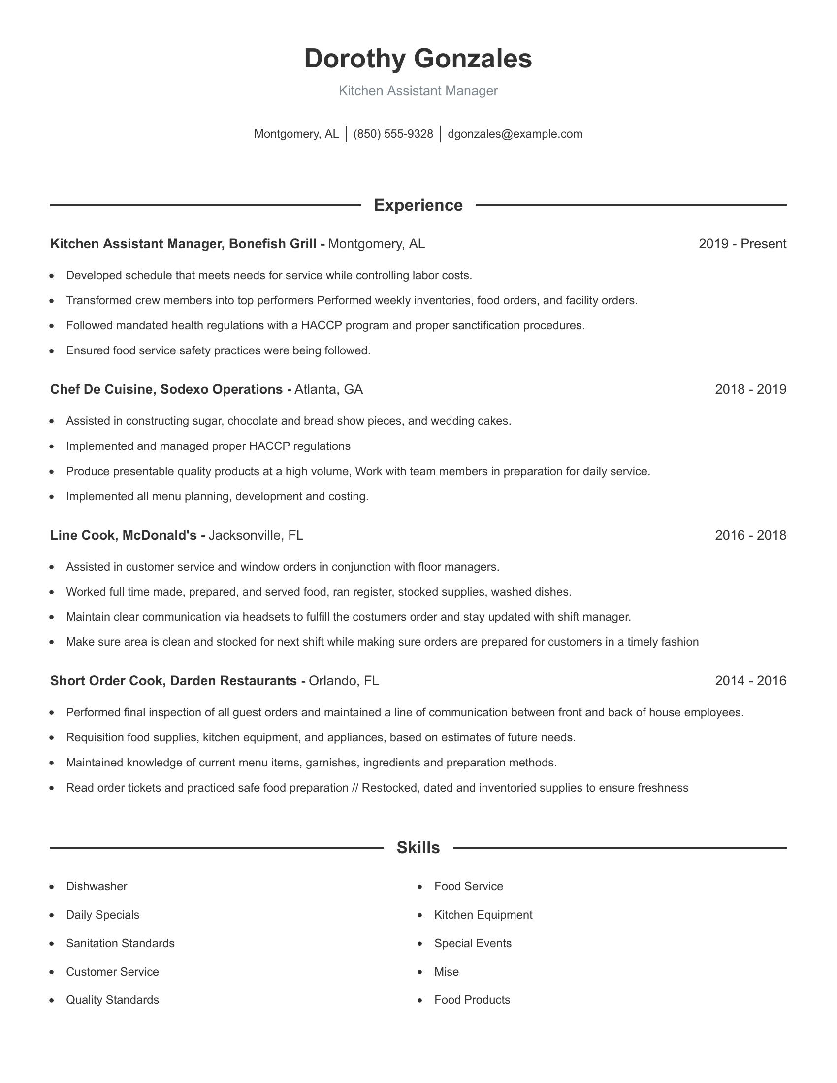 Kitchen Assistant Manager resume example