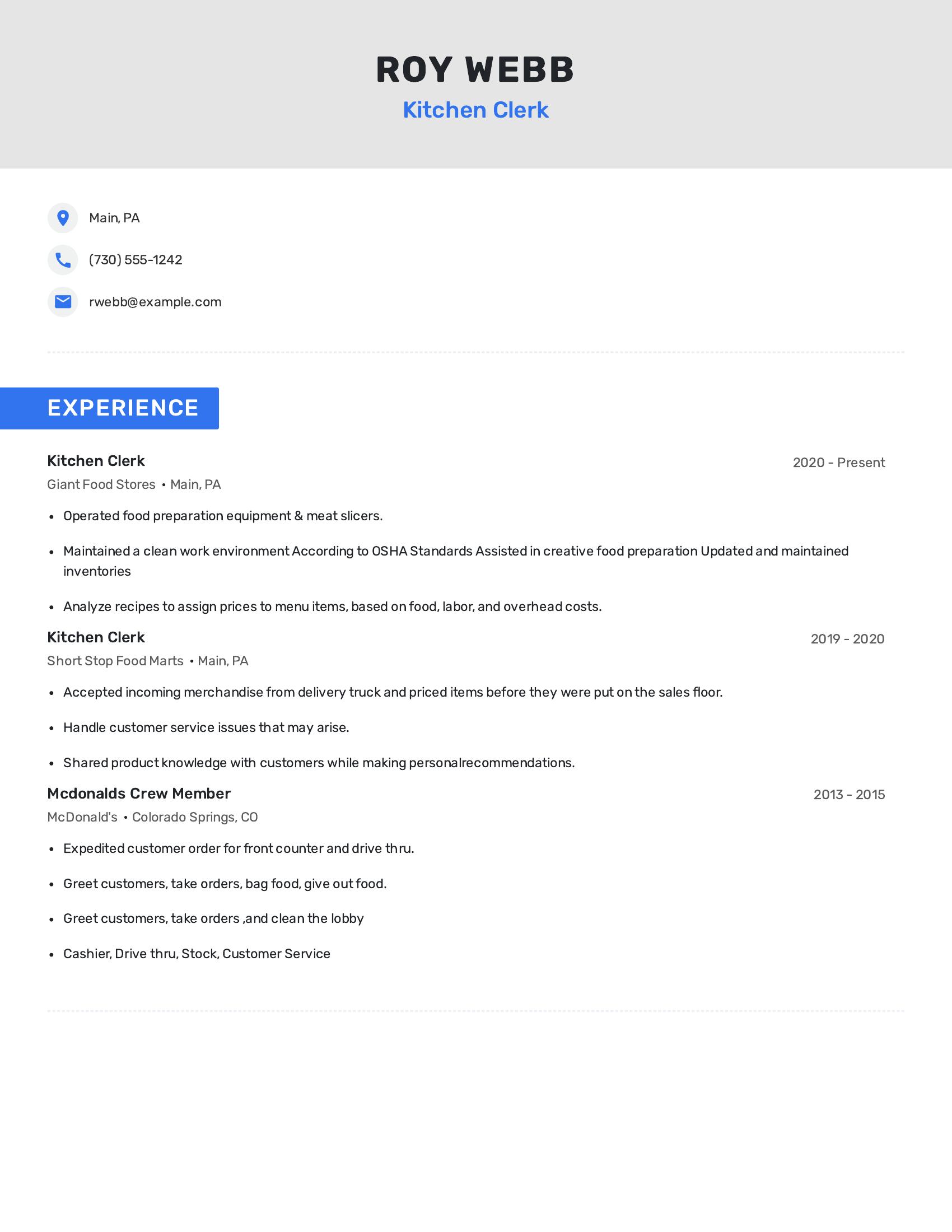 Kitchen Clerk resume example