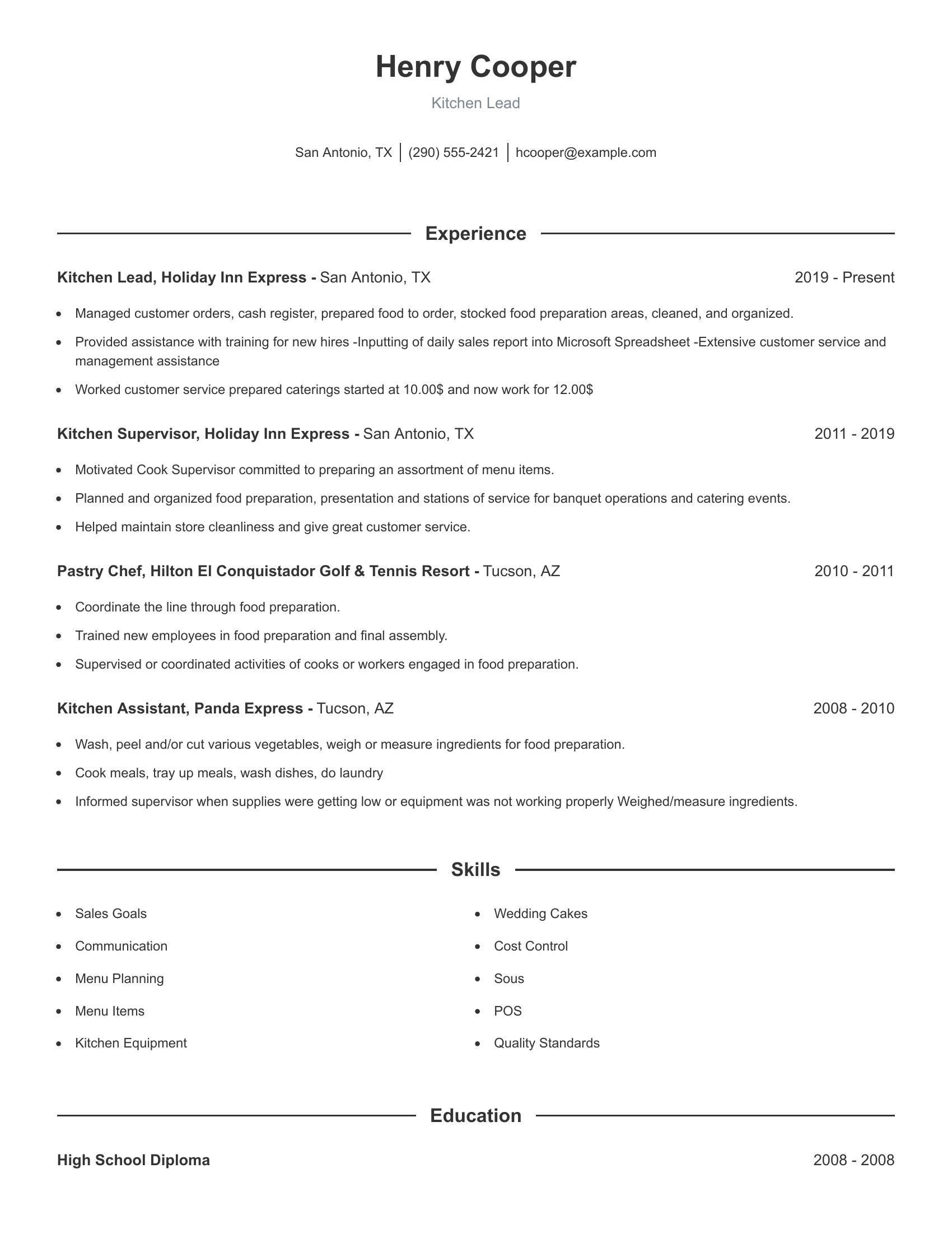 Kitchen Lead resume example