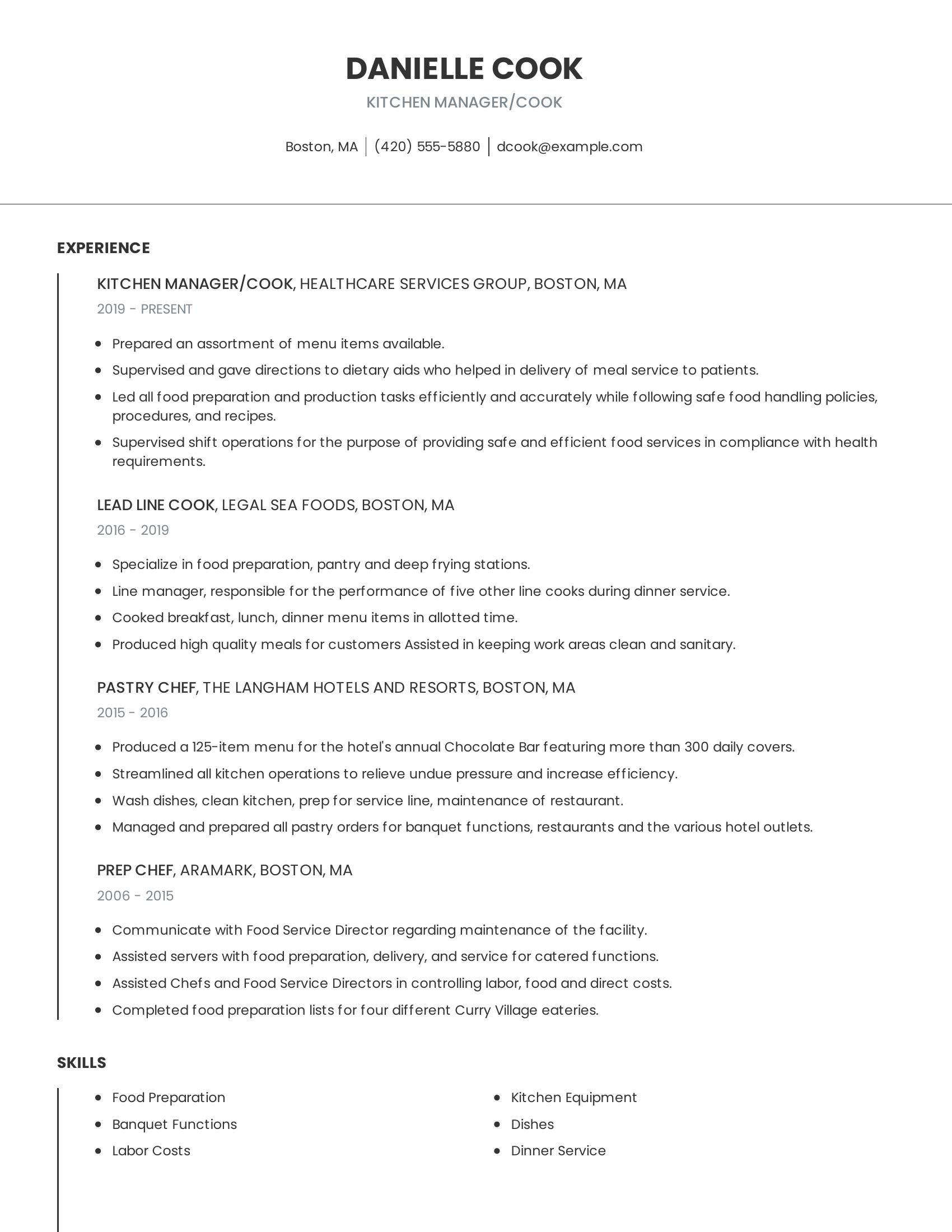 Kitchen Manager/Cook resume example