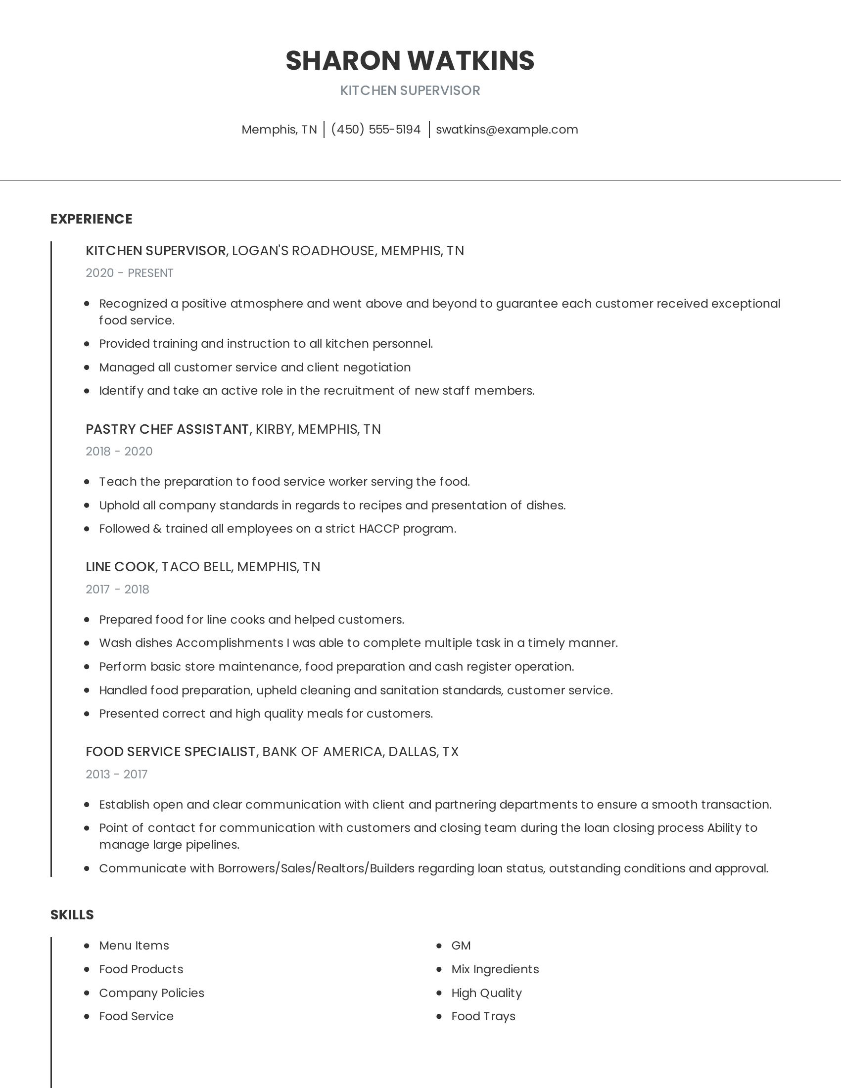 Kitchen Supervisor resume example