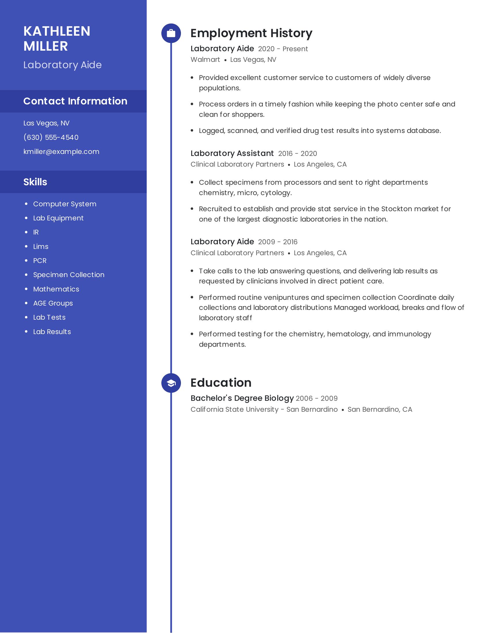 Laboratory Aide resume example