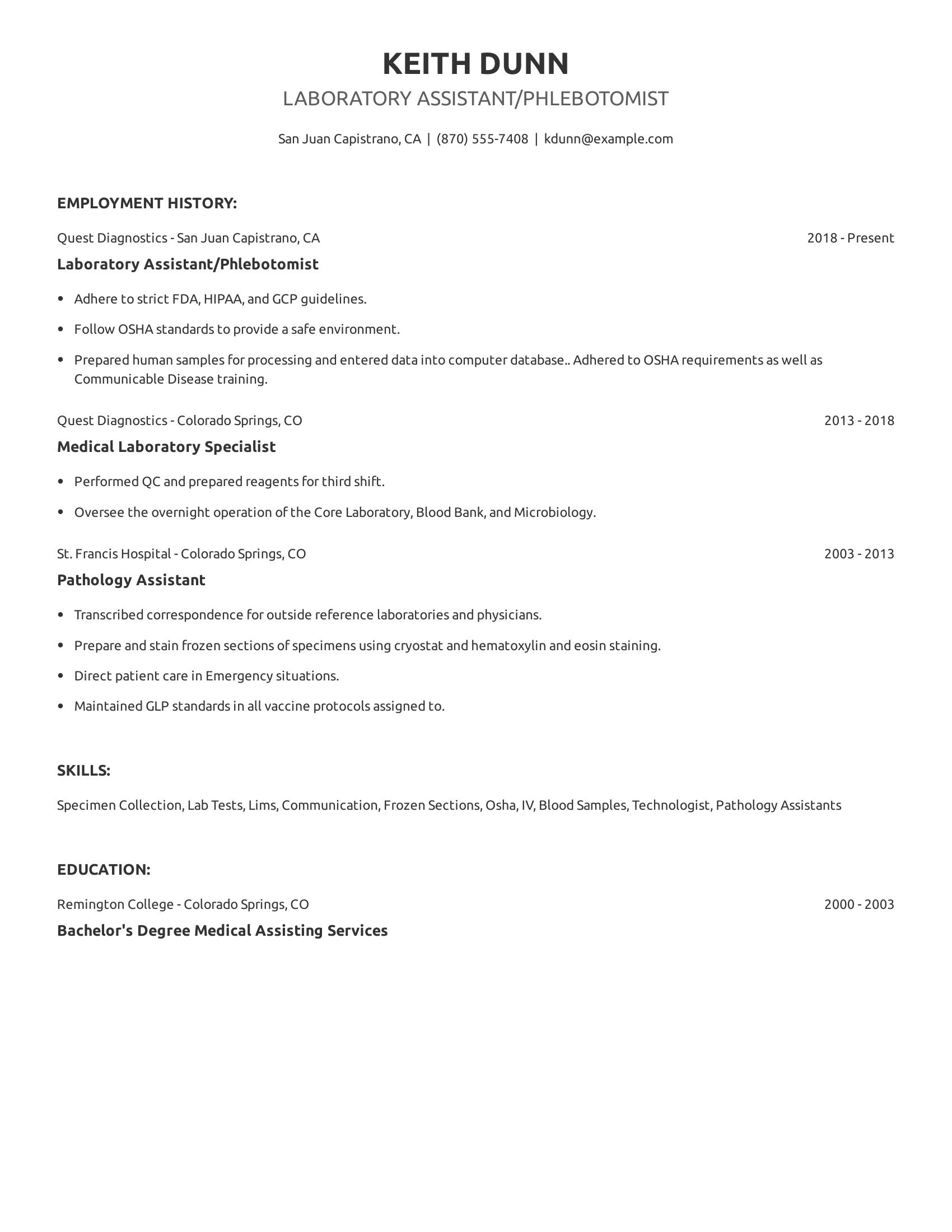 Laboratory Assistant/Phlebotomist resume example