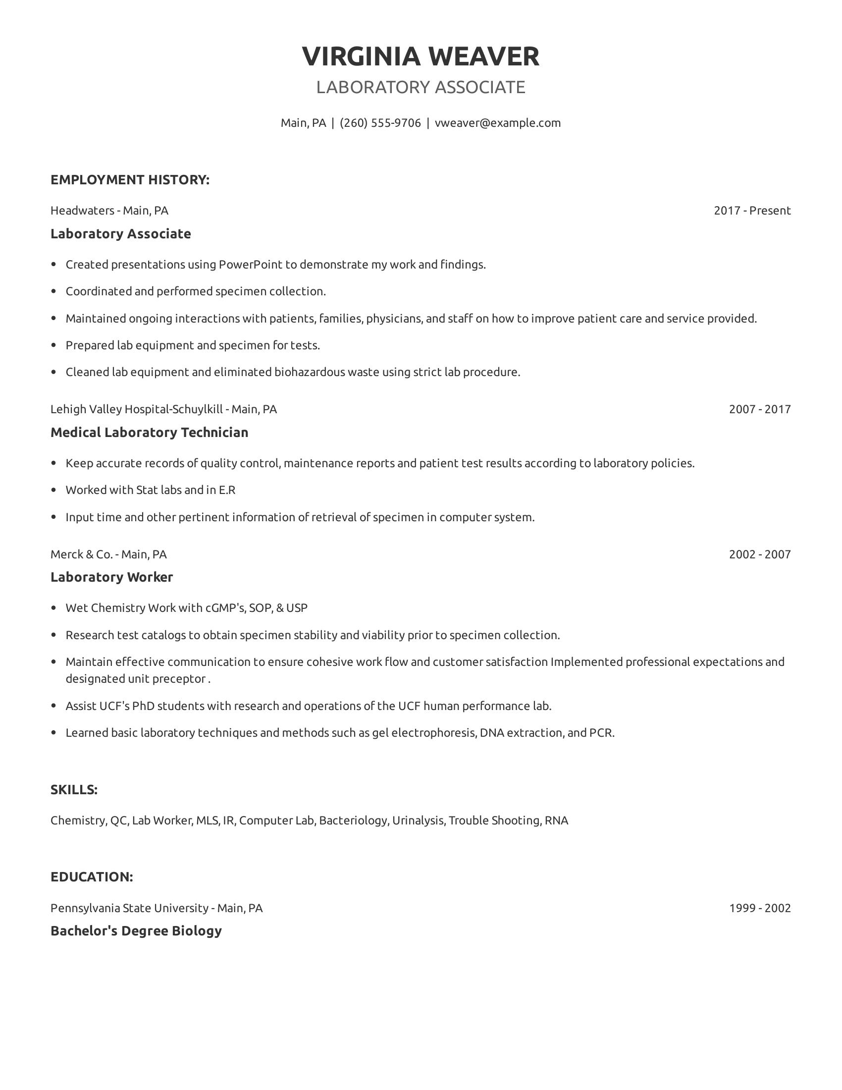 Laboratory Associate resume example