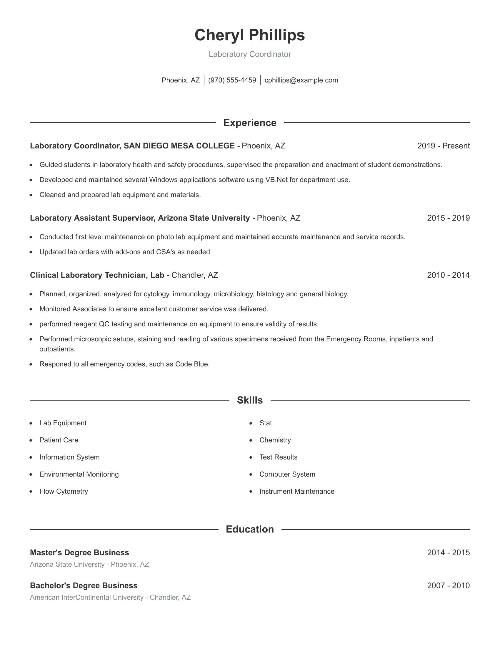 Laboratory Coordinator resume example