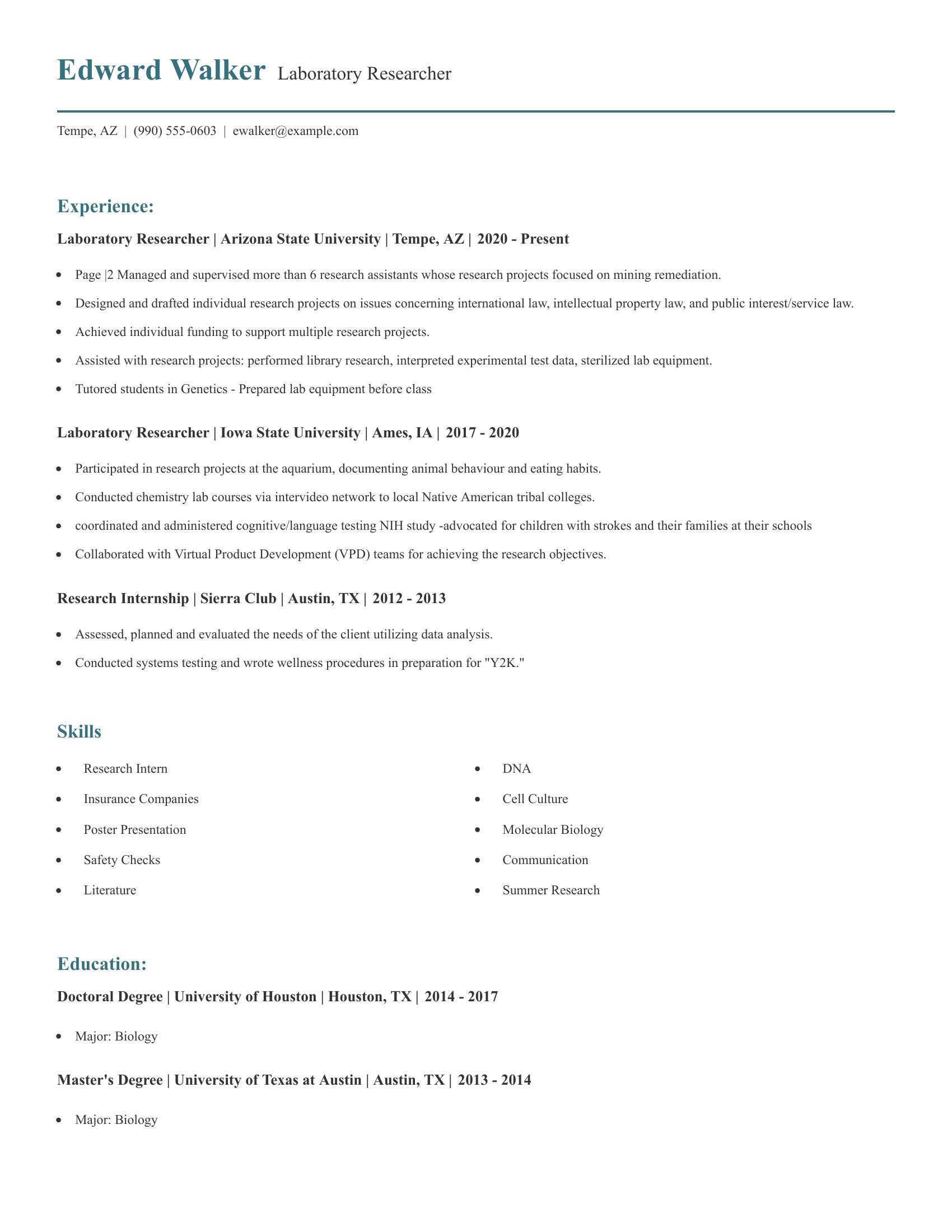 Laboratory Researcher resume example