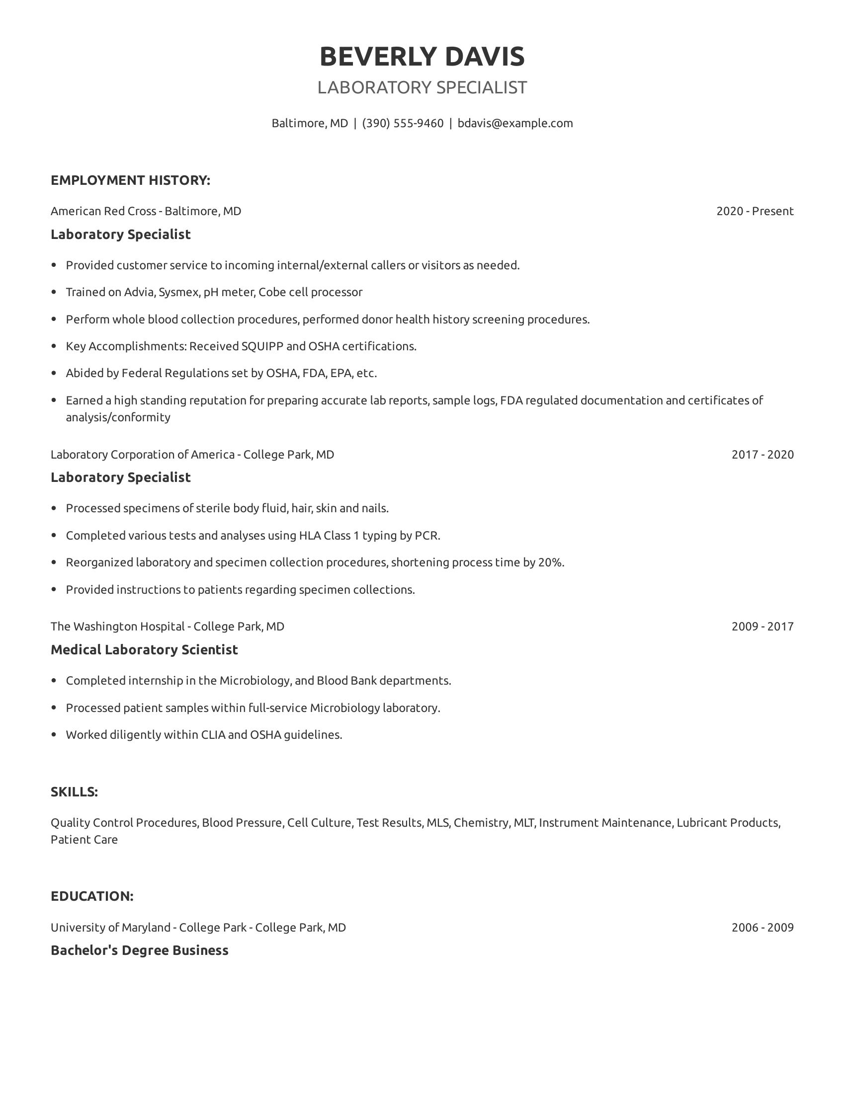 Laboratory Specialist resume example