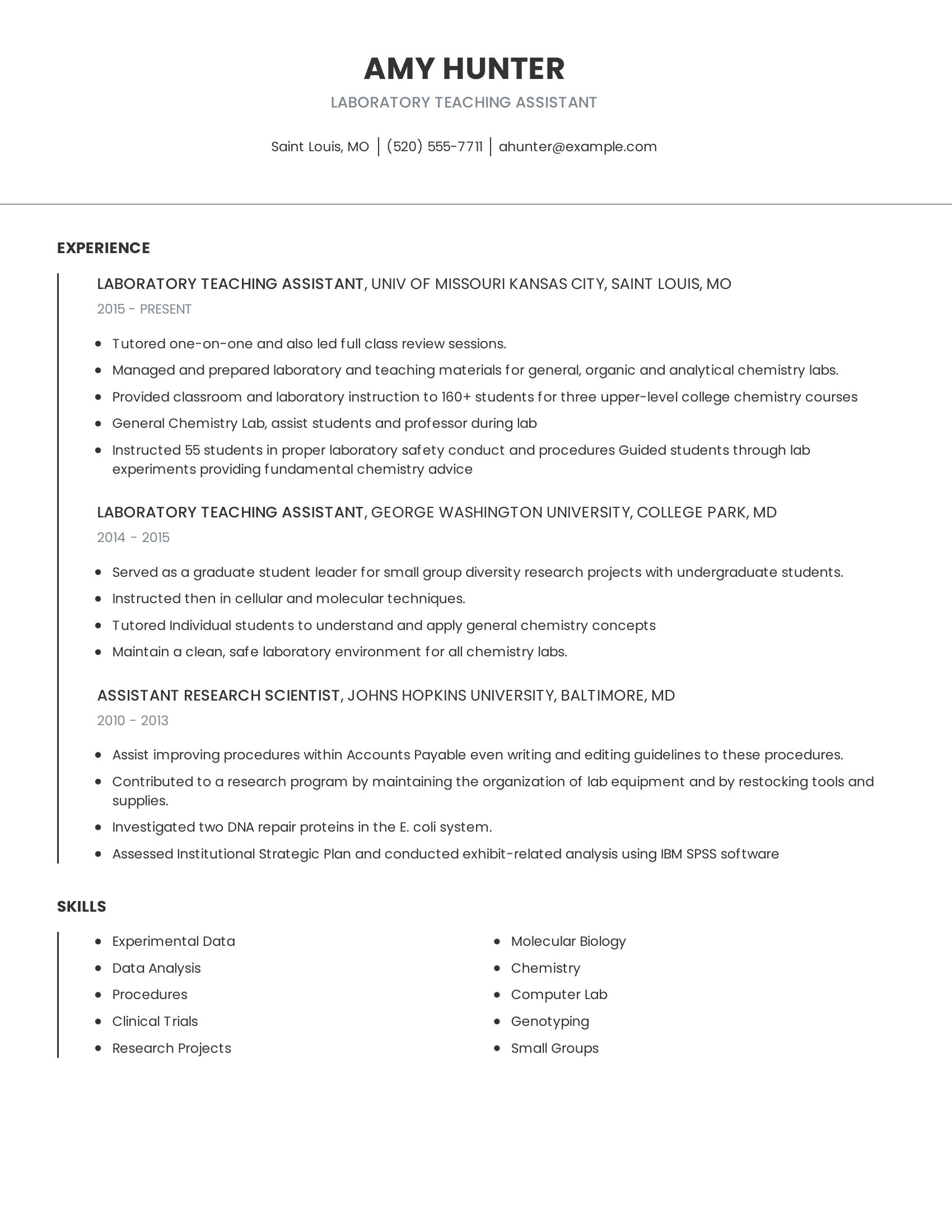 Laboratory Teaching Assistant resume example