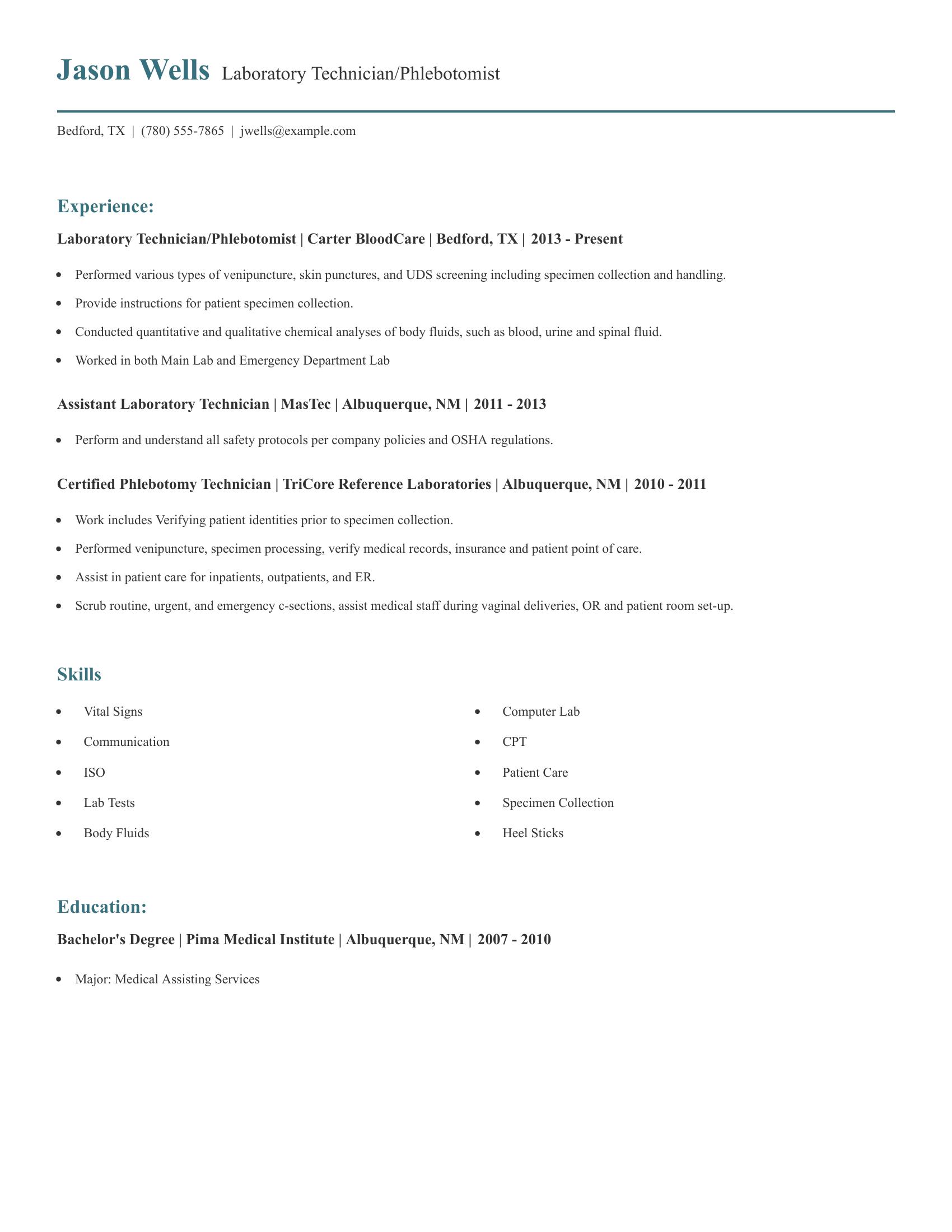 Laboratory Technician/Phlebotomist resume example