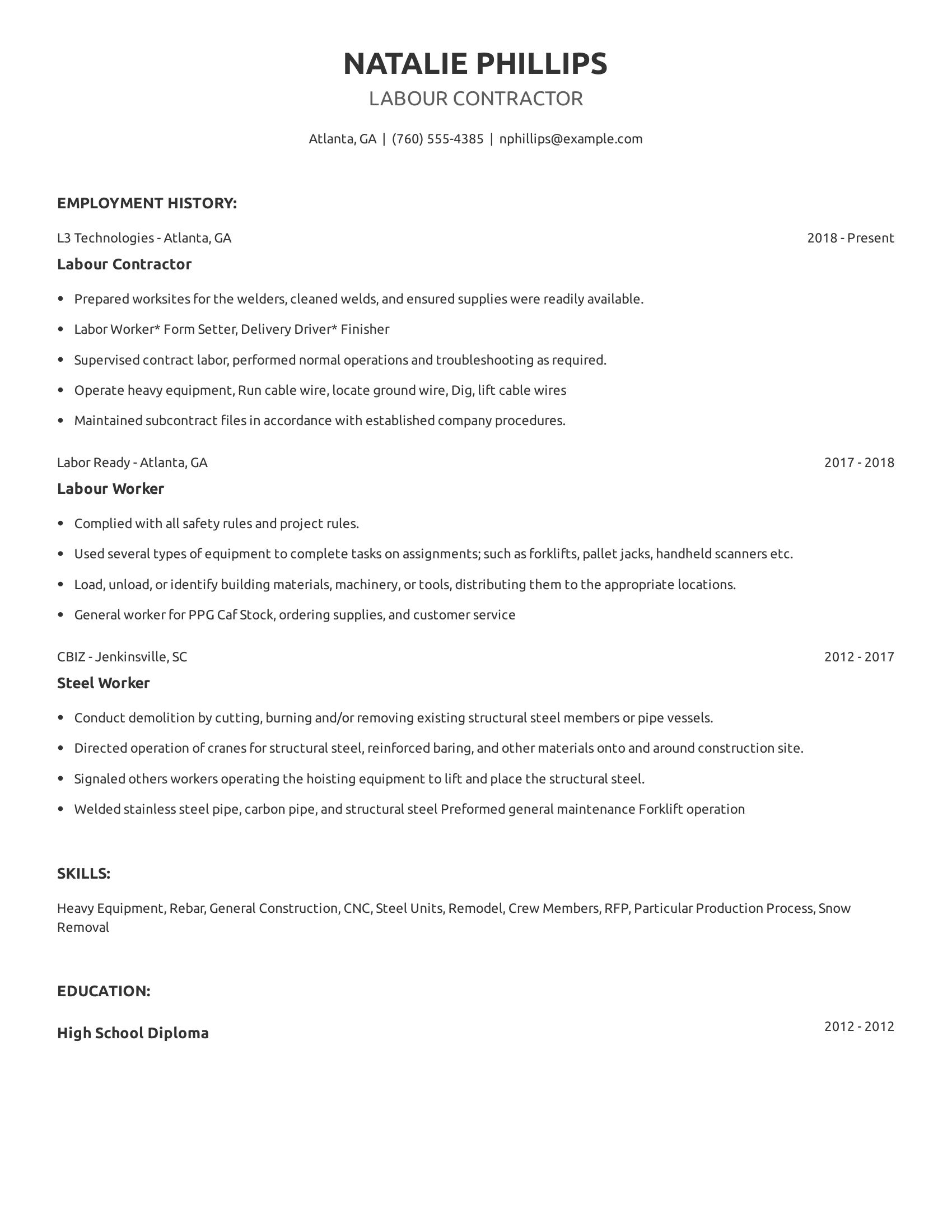 Labour Contractor resume example