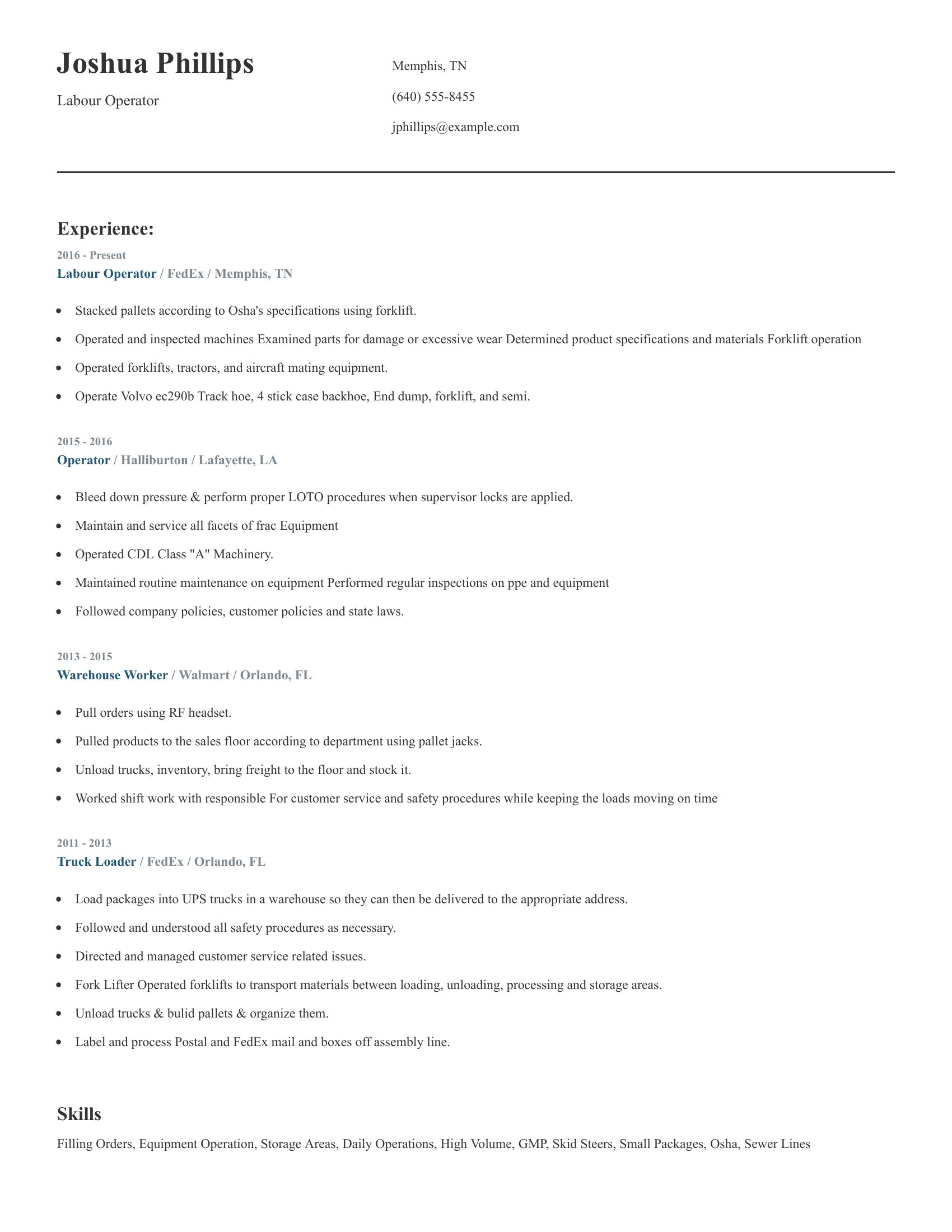 Labour Operator resume example