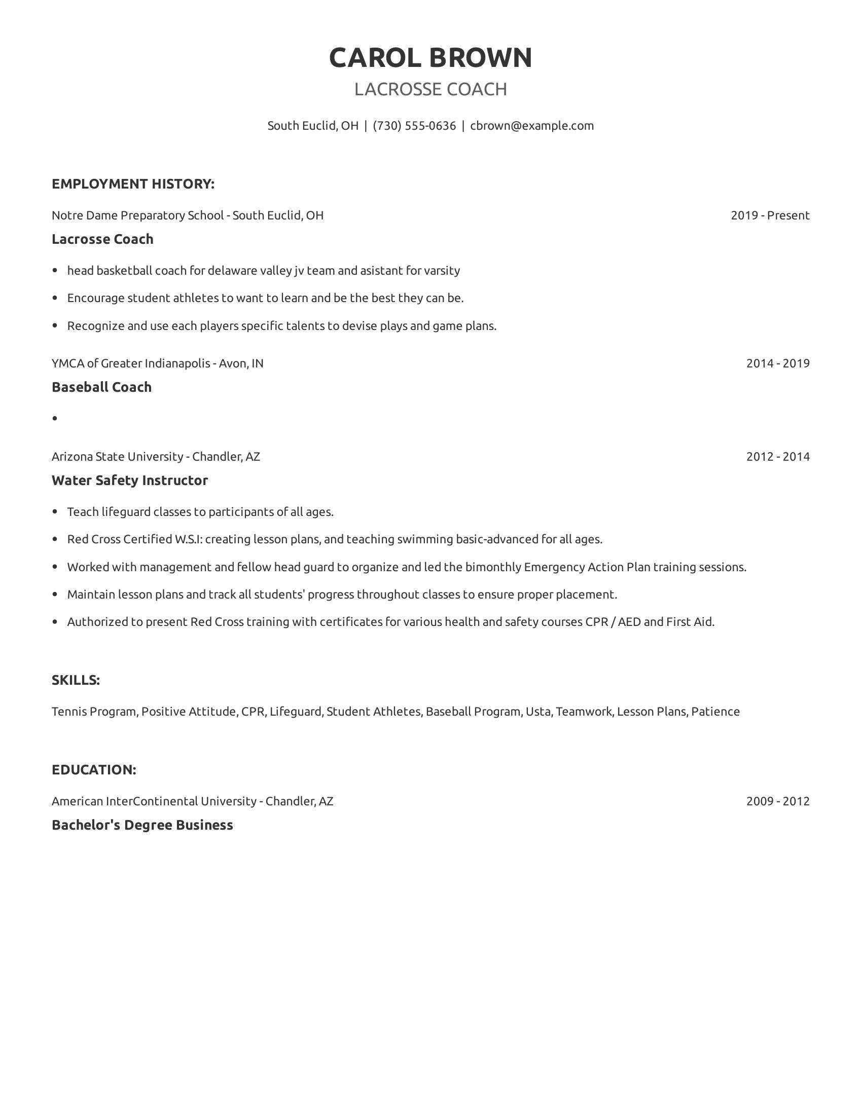 Lacrosse Coach resume example