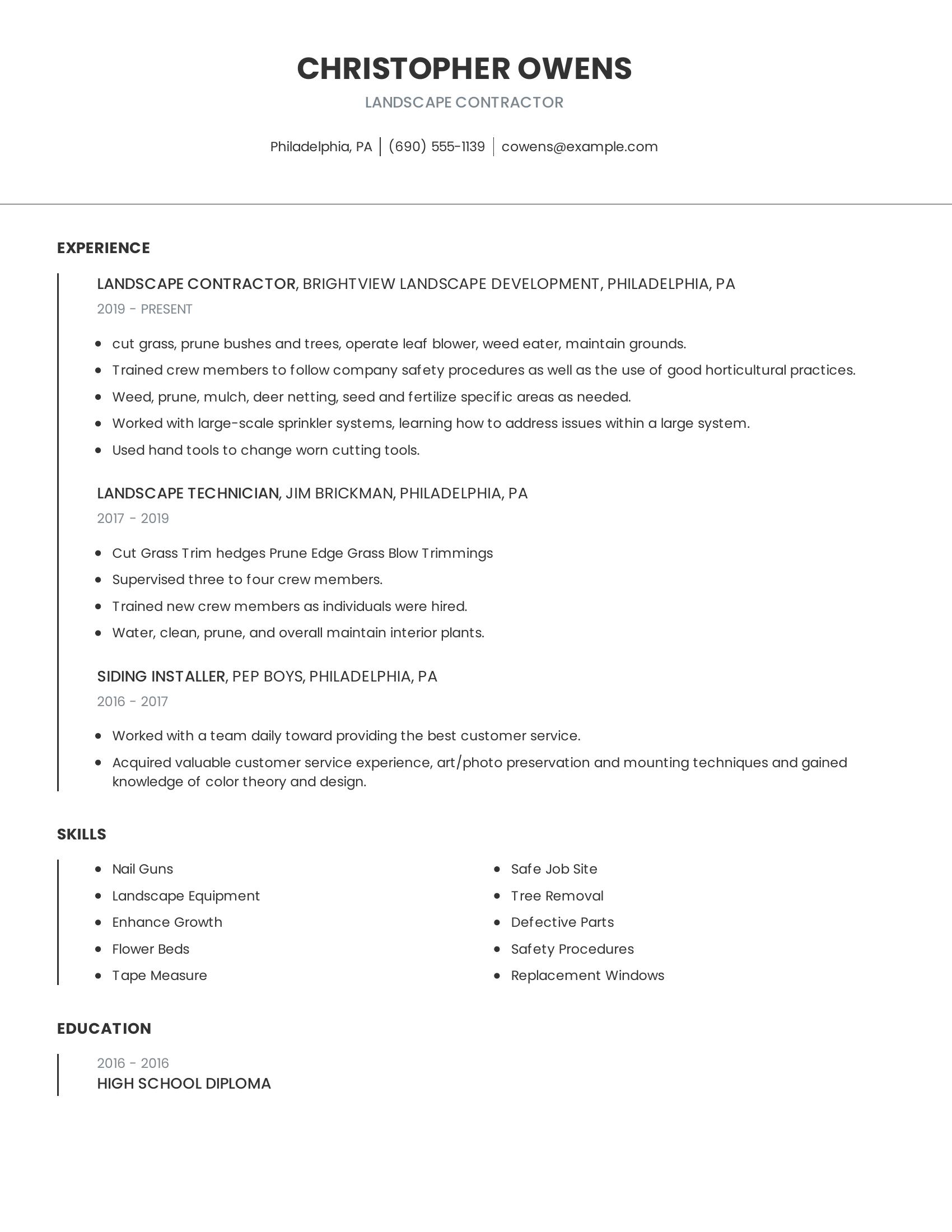 Landscape Contractor resume example