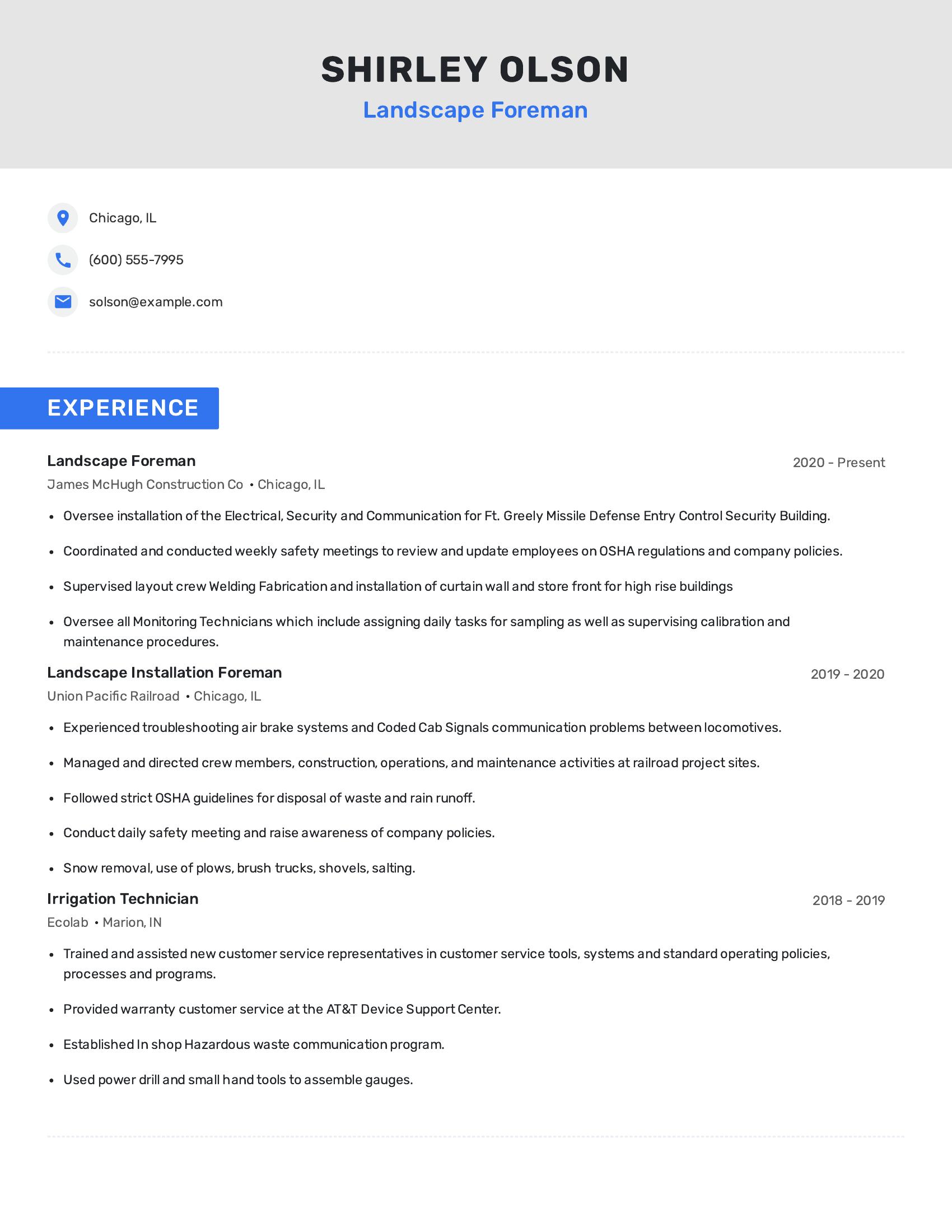 Landscape Foreman resume example